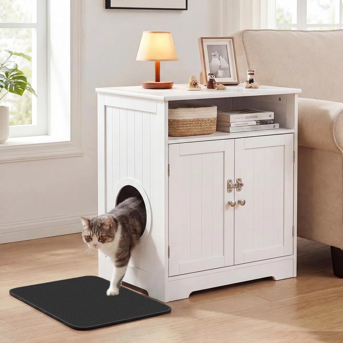 COSTWAY Katzenklo Schrank, Katzenschrank mit Streumatte, 2 abschließbaren Türen, Eingang & Fach, 3 in 1 Katzenhaus Katzentoilette Beistelltisch, Holz, Katzenmöbel für Wohnzimmer, Weiß