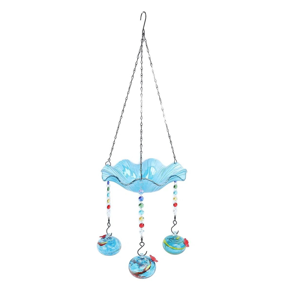 Solarbetriebener Hängender Vogelbadbrunnen mit 3 Kolibri-Futterspendern, Elegante und Funktionale Gartendekoration, Ideal für Hinterhöfe, 75 cm Hoch