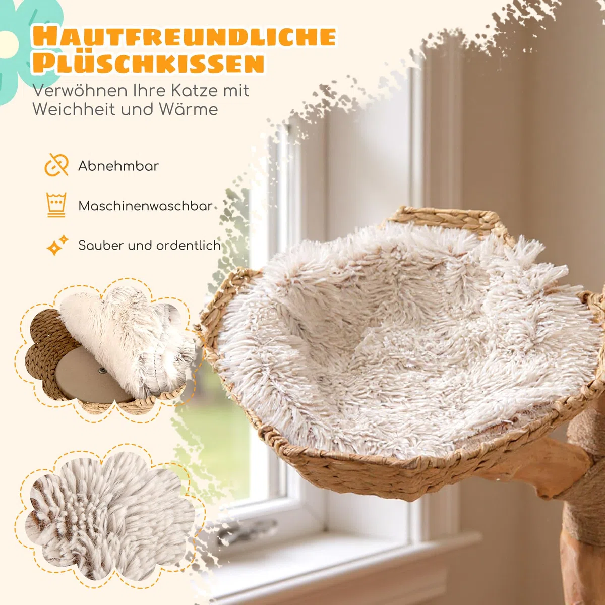 GOPLUS Kratzbaum Holz, Katzenbaum 122 cm mit 2 Rattan-Körbchen, Kratzstamm aus natürlichem Jute, blütenförmige Sitzplattform, Plüschball & erweiterter Basis, Kletterbaum für Katzen, Indoor Katzenmöbel