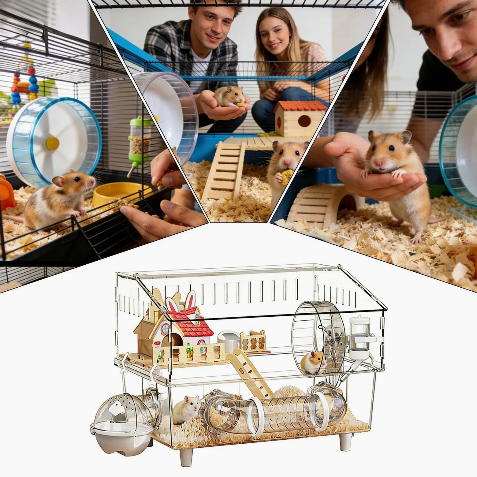 Hamsterkäfig 2-stöckiger Nagerkäfig aus Klarsicht | Geräumiger Hamsterkäfig mit Trinkflasche und Toilette für Zuhause, Beobachtung, Reisen mit Kleintieren