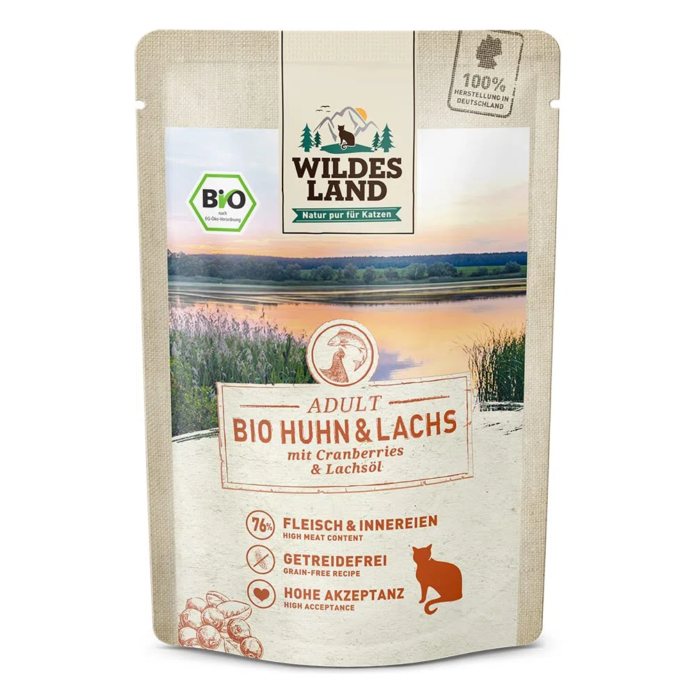 Wildes Land - Huhn & Lachs mit Cranberry - Bio Adult Nassfutter für Katzen - 60 x 85 g