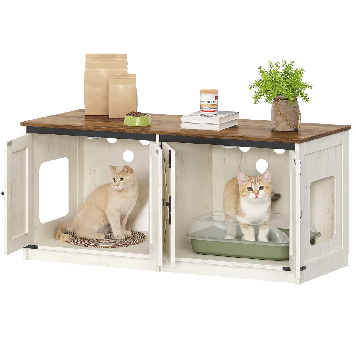Hzuaneri Katzenschrank, 119cm Katzenklo Schrank für 2 Katze, Braun und Weiß | Versteckter Katzentoilettenschrank, Katzenhaus für den Innenbereich, Bauernhausstil, 119 x 48 x 53,5 cm, CB85314X