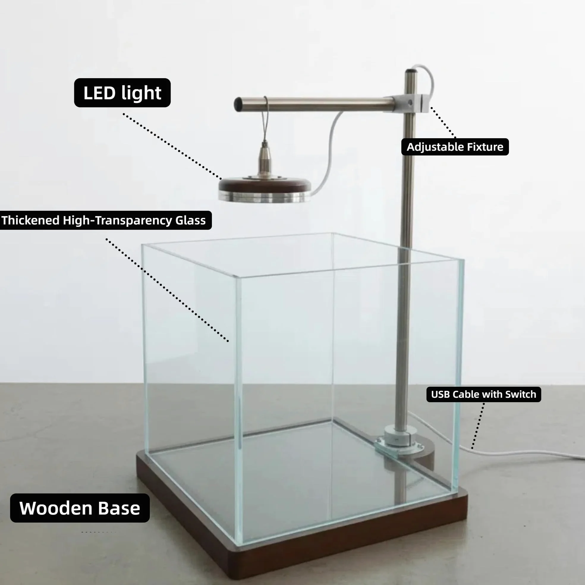 Kleines Aquarium mit LED-Licht und Holzständer, 20,3 cm, Nano-Aquarium-Starter-Set, inklusive Reinigungswerkzeug, Tuch und Matte für Schreibtisch, Büro, Schlafzimmer, ca. 4 l