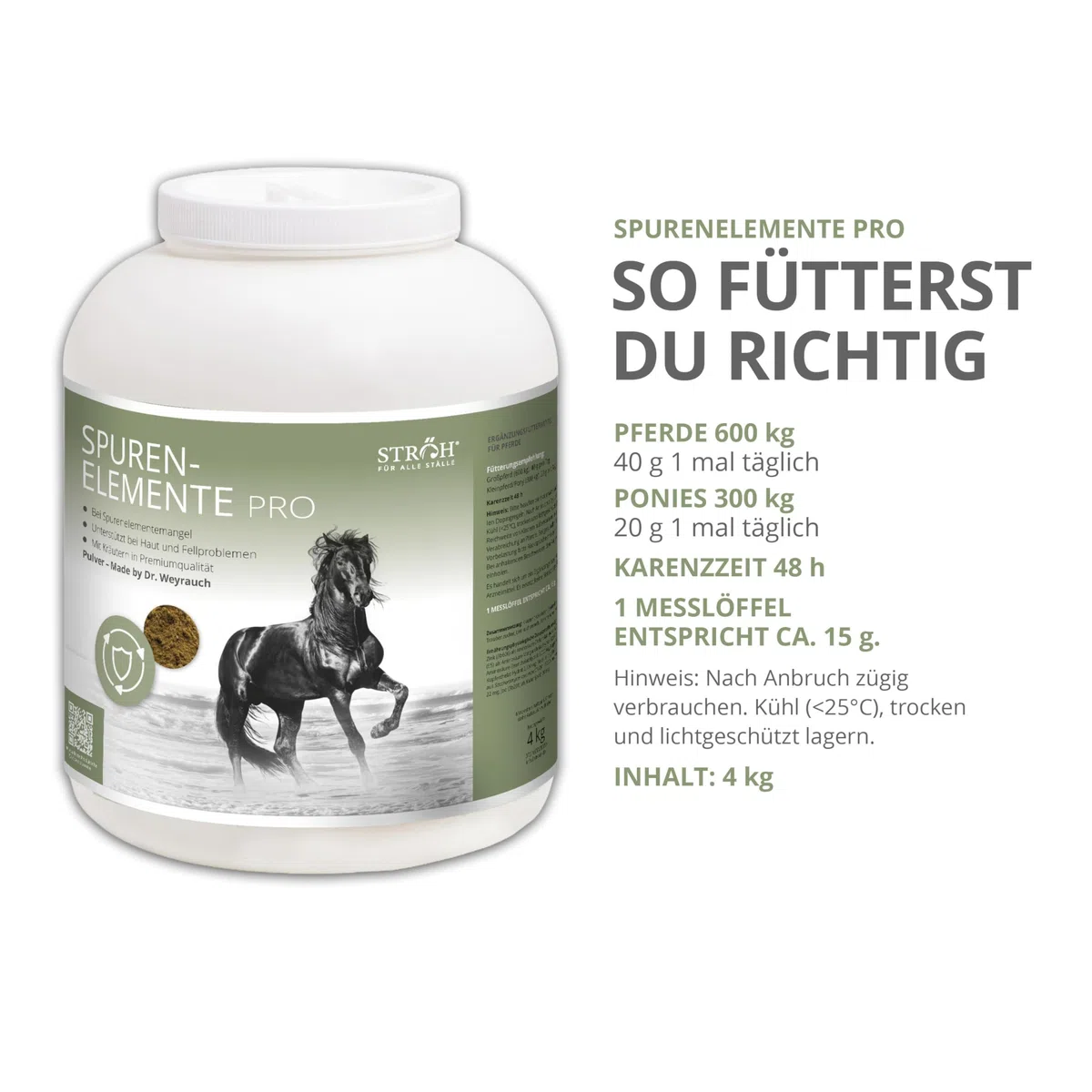 STRÖH Spurenelemente Pro Pulver für Pferde - Ergänzungsfutter Pferd - 4kg | Zink, Mangan, Eisen, Kupfer, Selen, Jod, Cobalt - Kräuter - Ohne Zusätze - Premium Mineralfutter - Fell, Haut & Immunsytem