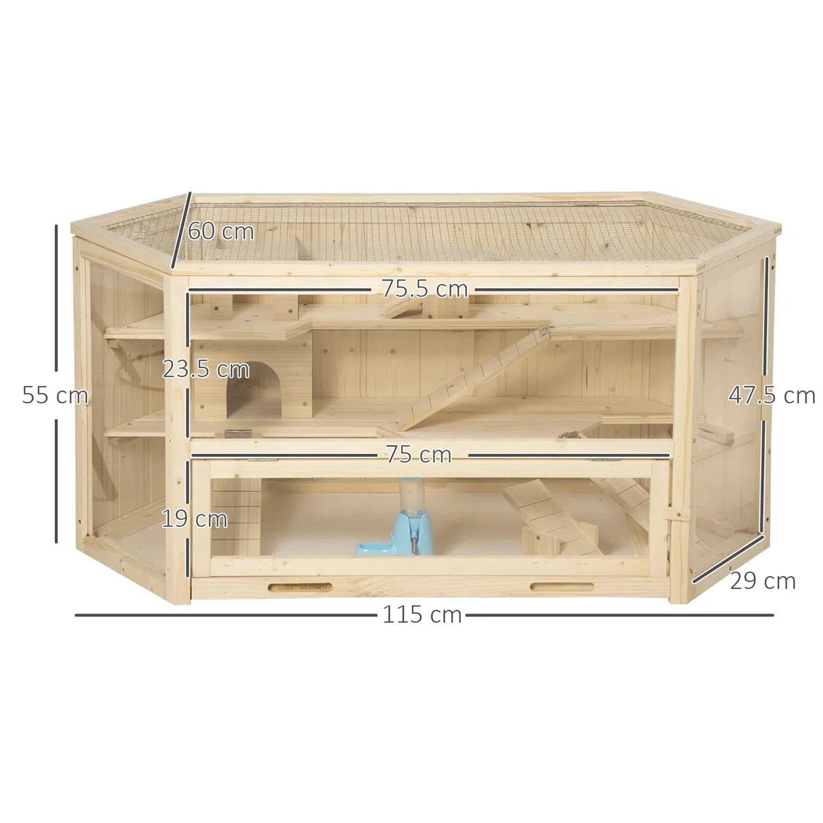Hamsterkäfig Hölzerner großer Hamsterkäfig, Kleintier-Übungsspielhaus, 3-stöckig, mit verschiebbarem Tablett, Wippen, Wasserflasche für Haustiere(Brown)