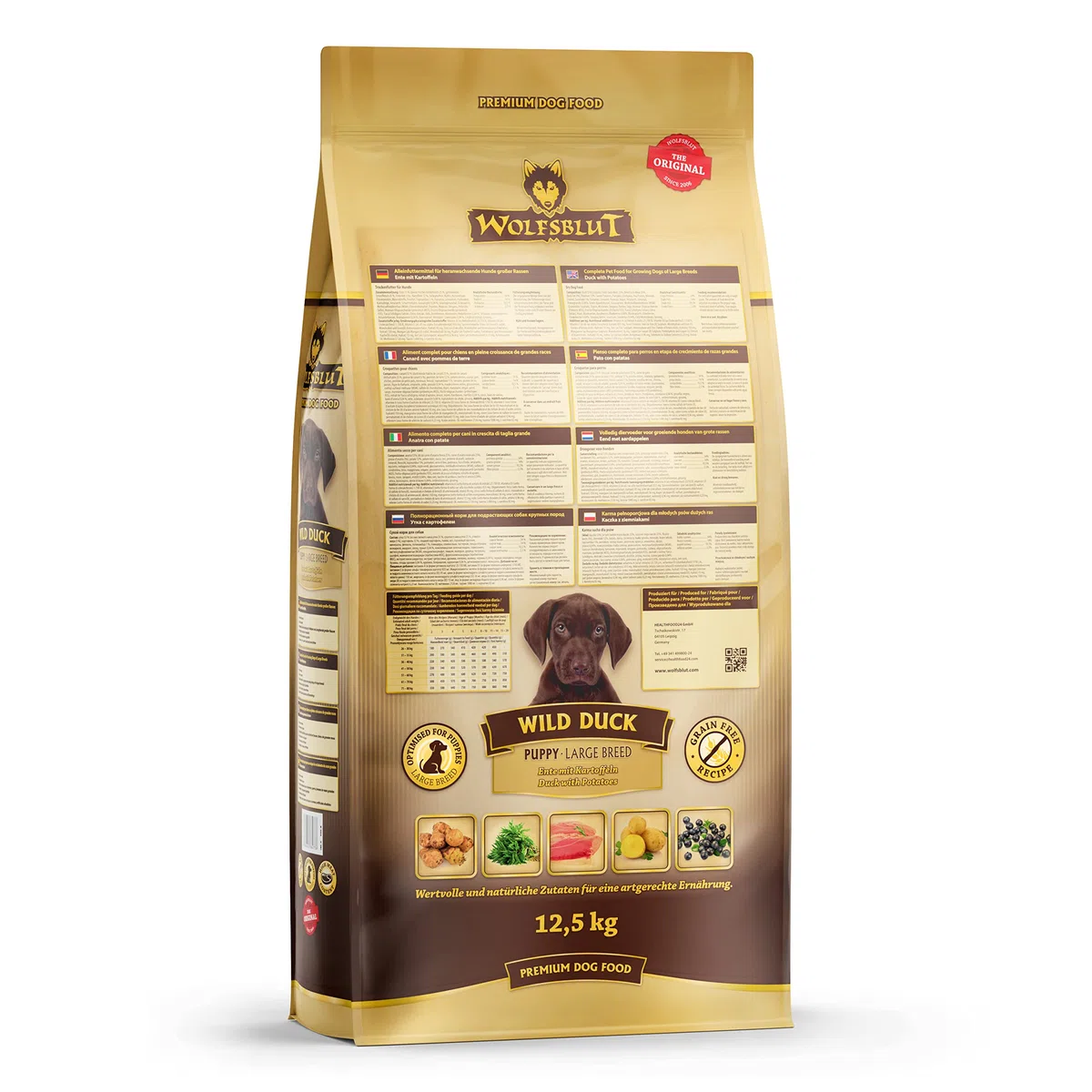 WOLFSBLUT – Wild Duck Large Breed Puppy | Trockenfutter mit natürlichen Zutaten für große, heranwachsende Hunde. Getreidefreies Alleinfutter ohne Zusatzstoffe im Beutel | 12,5kg Ente