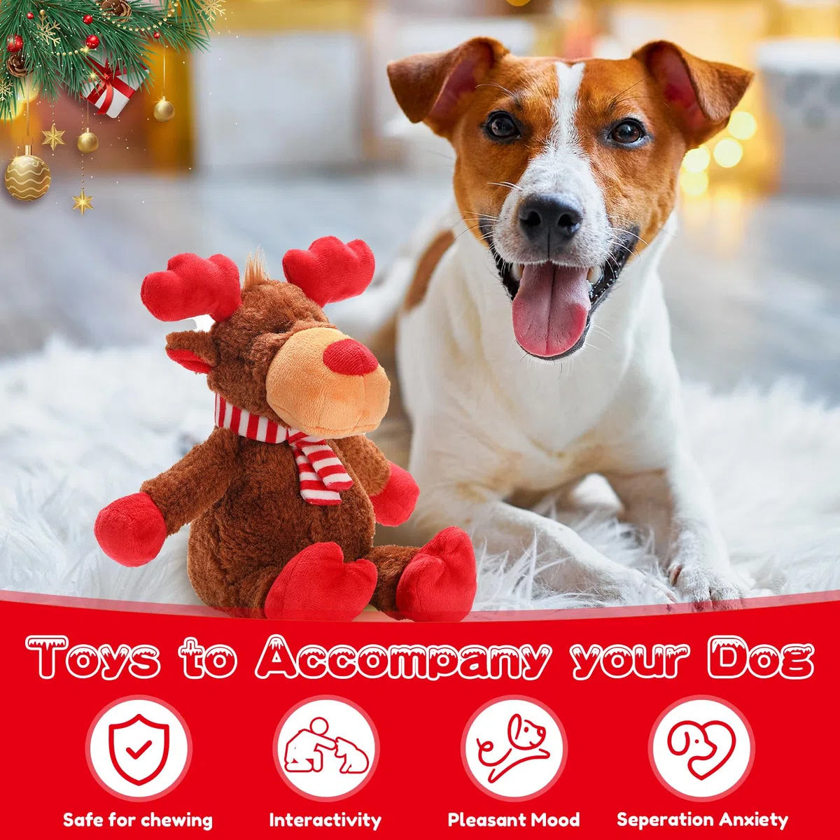 Weihnachts-Hundespielzeug, quietschendes Spielzeug mit Knisterpapier, Plüsch-Rentier, Hundespielzeug, interaktives gefülltes Kauspielzeug, Hundegeschenke für Welpen, kleine, mittelgroße Hunde