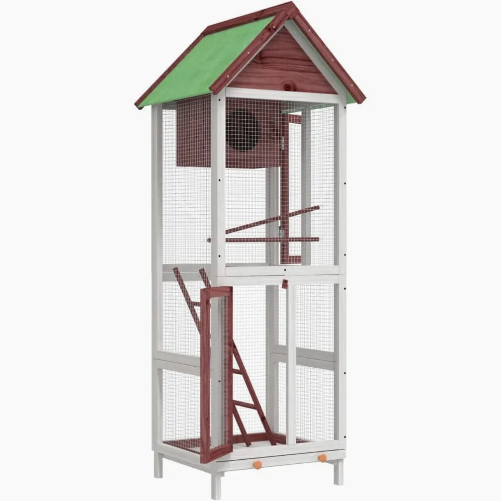 Voliere Mokka aus massivem Kiefernholz 60x58,5x160 cm mit wasserfestem Dach, Sitzstange, Nistkasten und Gitter für Papagei, Wellensittich, Kanarienvogel, Nymphensittich, Innen und Außen
