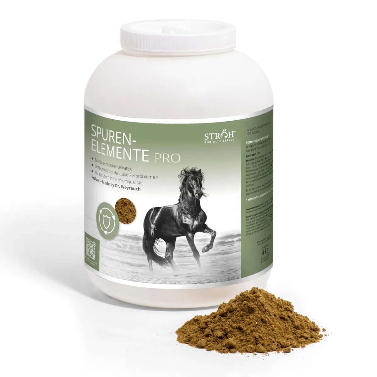 STRÖH Spurenelemente Pro Pulver für Pferde - Ergänzungsfutter Pferd - 4kg | Zink, Mangan, Eisen, Kupfer, Selen, Jod, Cobalt - Kräuter - Ohne Zusätze - Premium Mineralfutter - Fell, Haut & Immunsytem