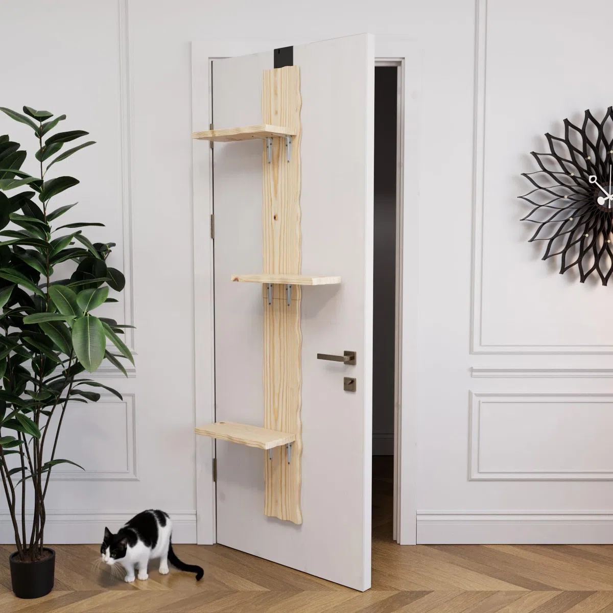 QLS Katzenleiter aus Kiefernholz Katzentreppe Türmontage 3 Stufen 180 cm DEKO
