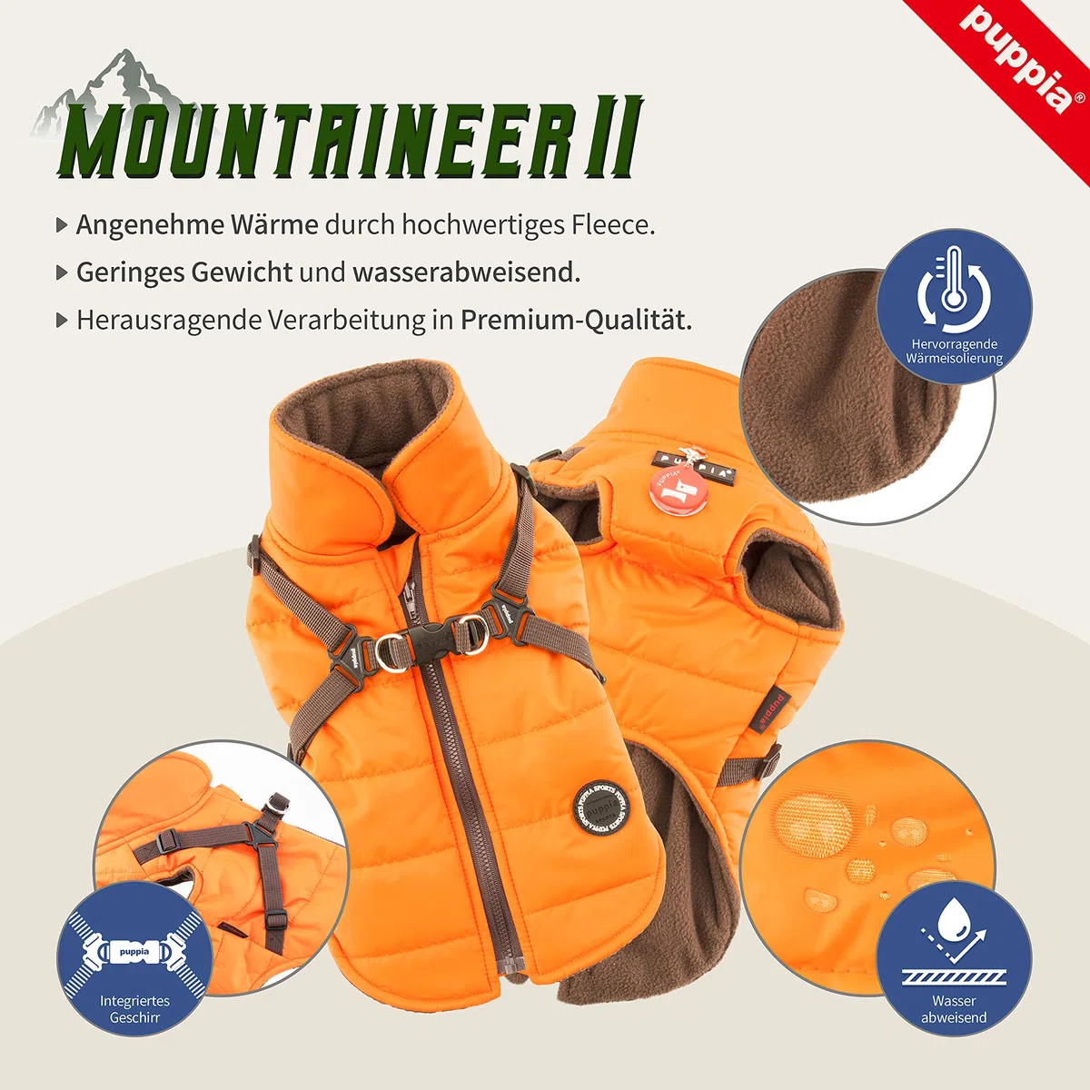 Puppia Hochwertiger Hundemantel für kleine Hunde und mittelgroße Hunde - wasserdicht und mit Fleece gefüttert für angenehme Wärme - Hundemantel mit Geschirr, Rot, M