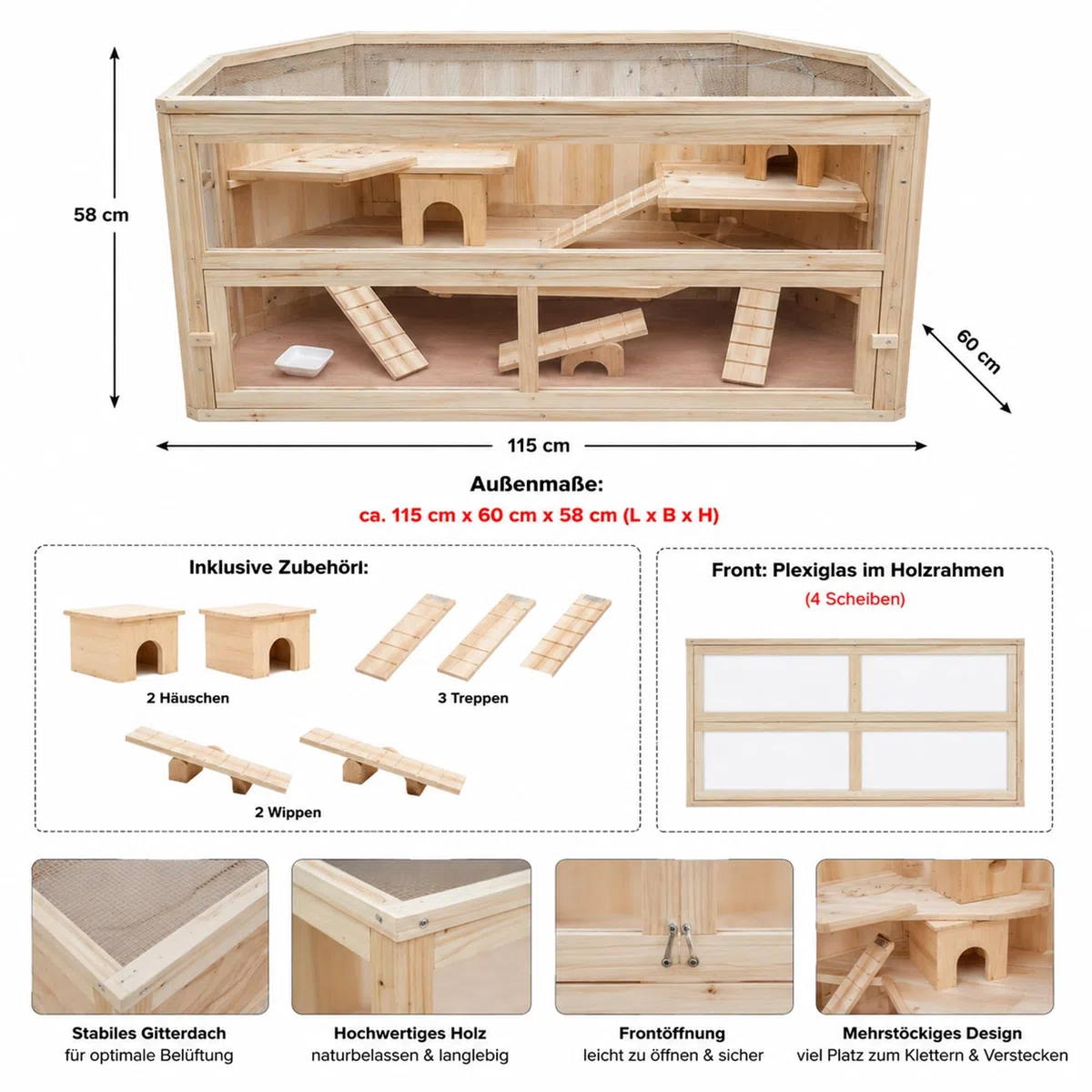 Mucola Kleintierkäfig Hamsterkäfig Holz 3-stöckig 115x60x58 cm Braun | Oben aufklappbarer Zugang, Rampen zwischen den Etagen, leicht zu reinigen, für Hamster, Ratten und andere Nager geeignet