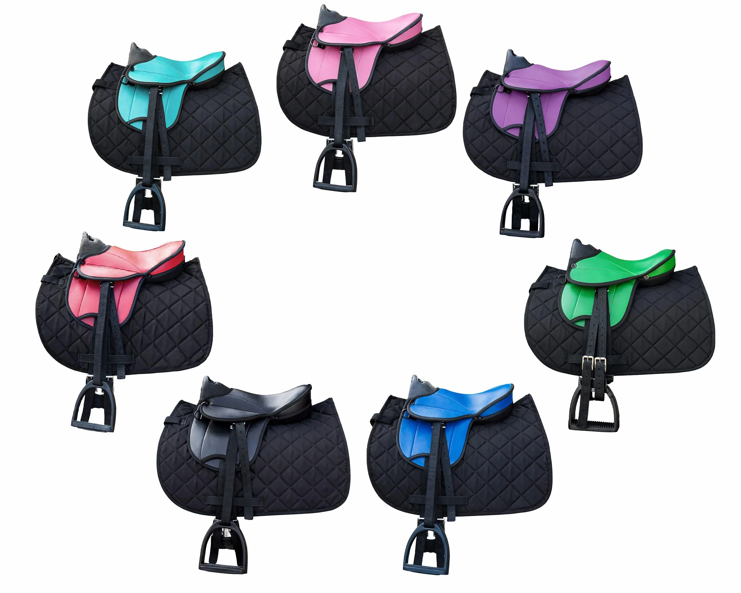 Brama West Holzpferd Sattel Set „My Happy Pony“ | Sattel für Shetty Pony Holzpferd | mit Satteldecke, Sattelgurt, Steigbügel & Steigbügelriemen (Sattel Türkis; Decke Schwarz)