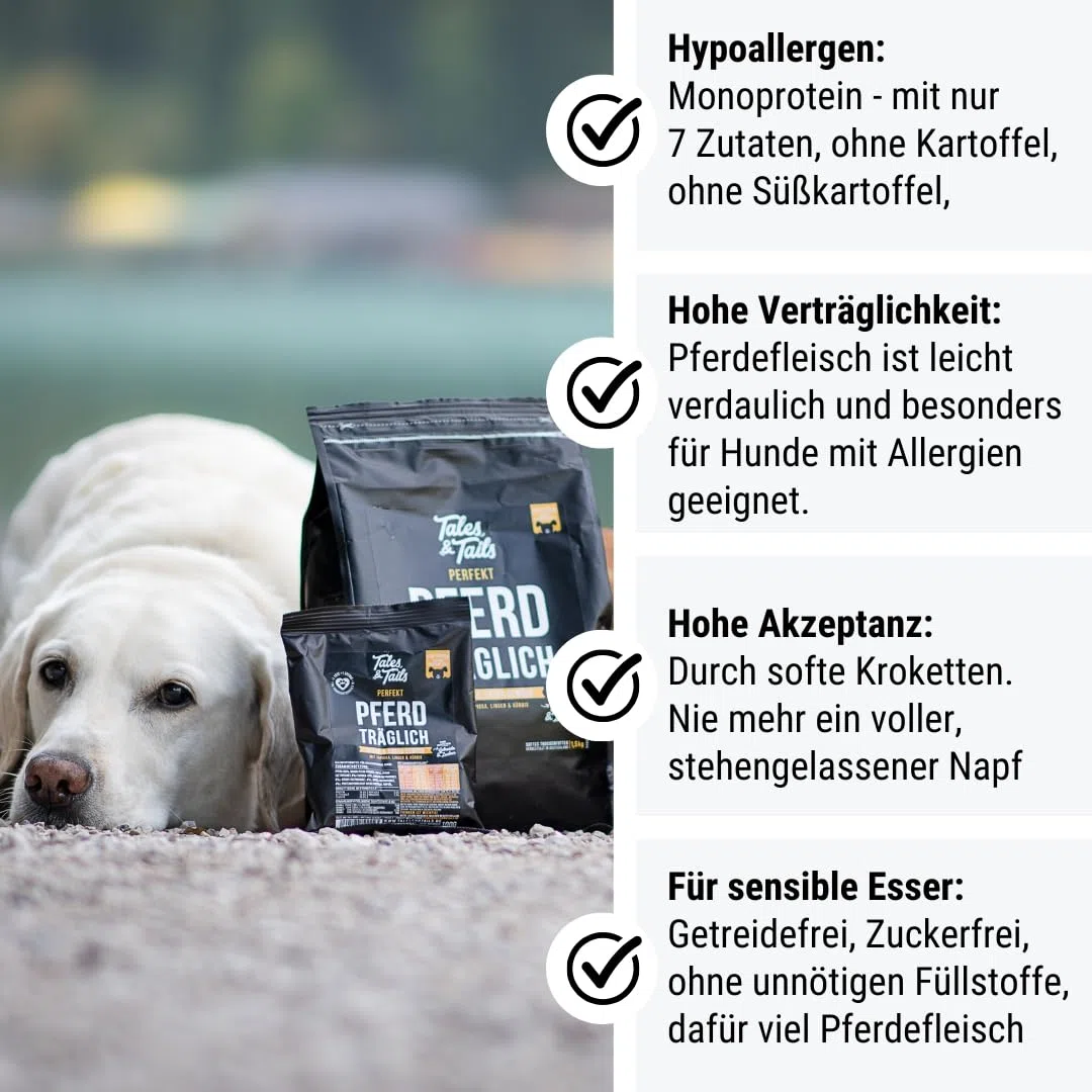 Tales & Tails Halbfeuchtes Trockenfutter für Hunde | Getreidefrei | Eine Tierische Proteinquelle | Hohe Akzeptanz & Verträglichkeit (1.5 kg (1er Pack), Pferd)