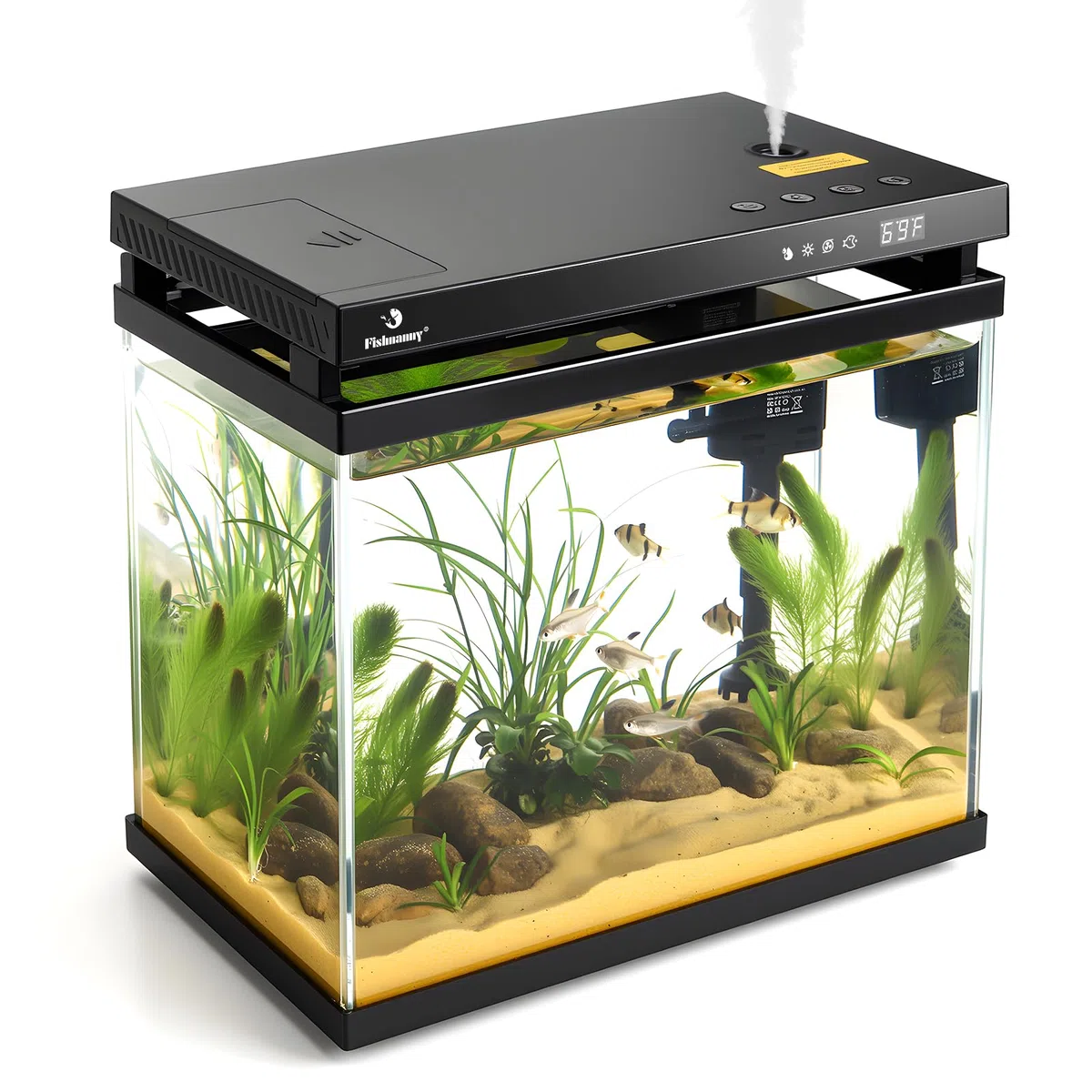 Intelligentes Mini-Aquarium, 9 l, HD-Glas-Fischtank-Set mit automatischem Futterspender, selbstreinigende, leise Filterpumpe, Aromatherapie, Temperaturanzeige und 7-farbige Lichter für