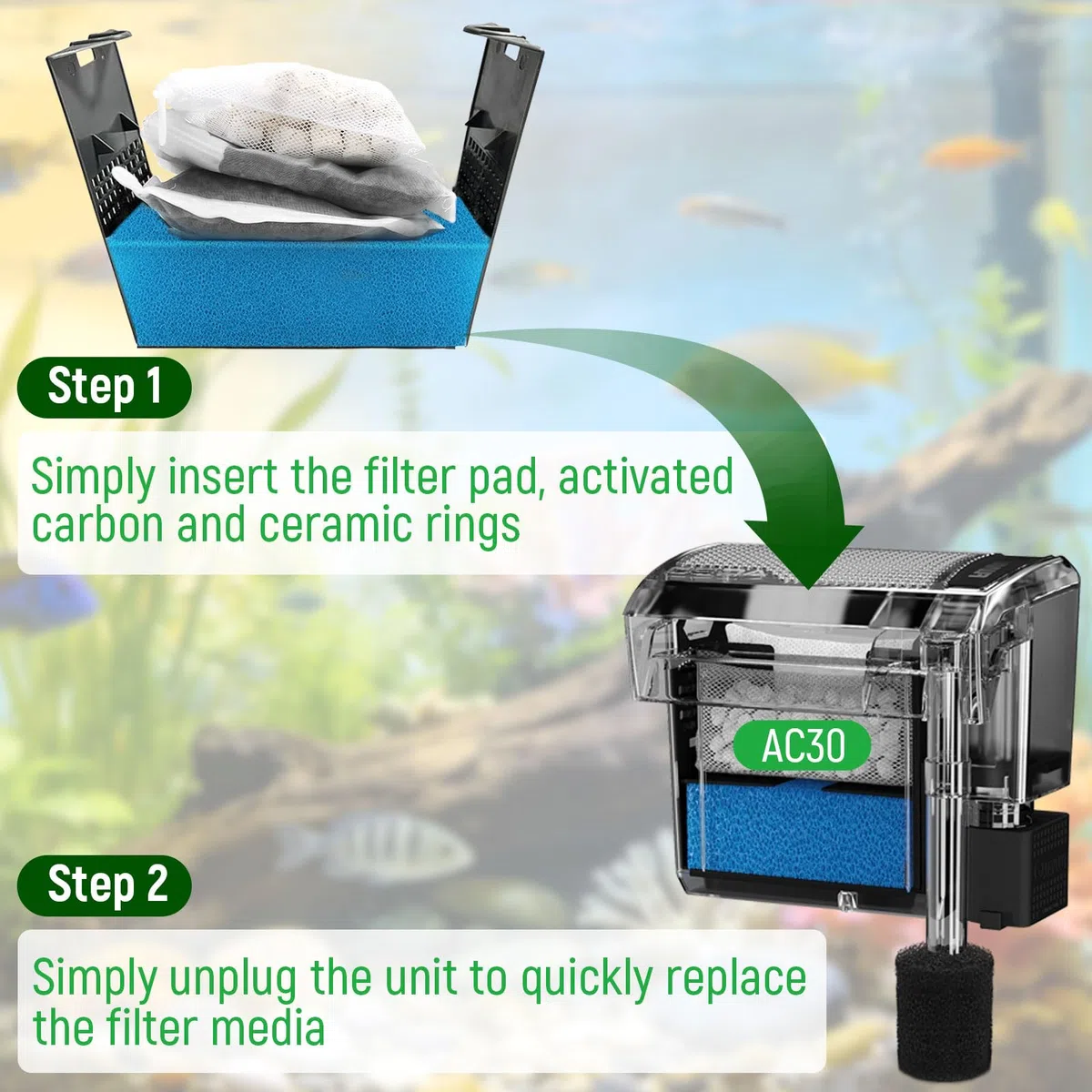 AC30 Aquarium Filtermedien Wartungsset Kompatibel mit Fluval AC30 Power Filters, Enthält 1 Blauschaum, 2 Aktivkohle, 1 BioMax Pellets, 2 Ansaugsiebschwamm, für Süß- und Salzwasser