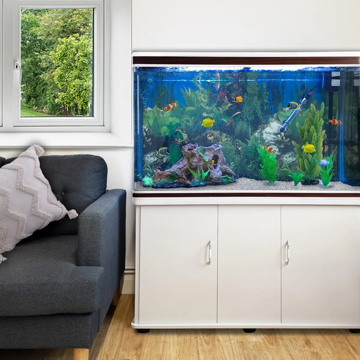 Monster Shop Aquarium 300 L Weiß - Vollständiges Starter-Set mit Aquarium, Unterschrank, Kies und Hintergrund - Ideal für Fische - Glas - 143,5 cm H x 120,5 cm B x 39 cm T