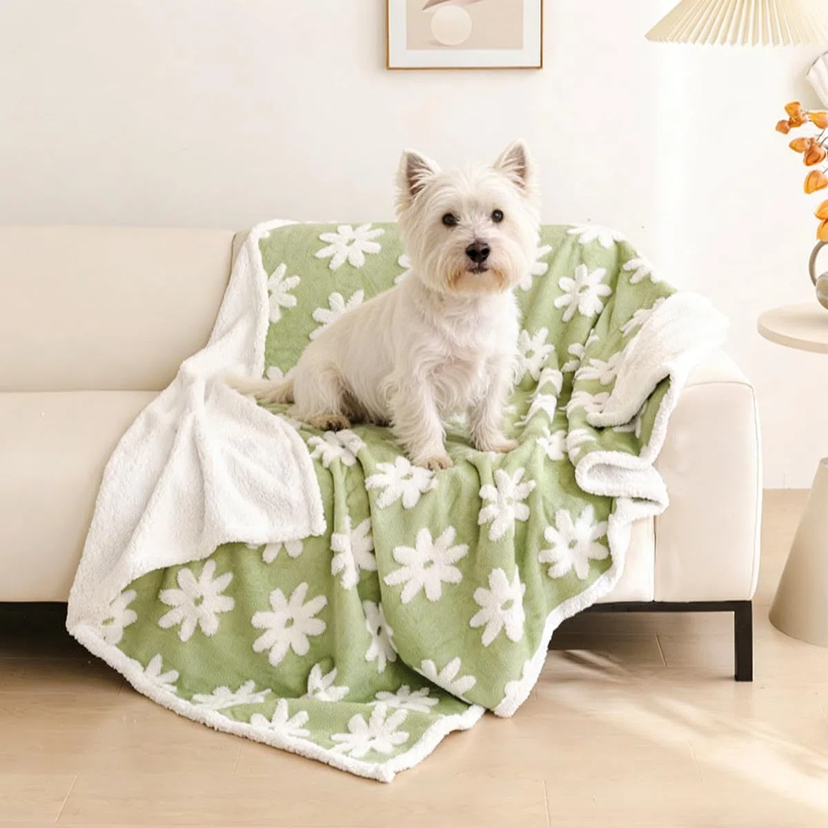 Hundedecke, wasserdicht, auslaufsicher, Haustierdecken für Hunde und Katzen, flauschig, warm, für kleine und mittelgroße Hunde, Flanell-Haustier-Sofa-Abdeckung, Bettschutz (grüne Blume, 145 x