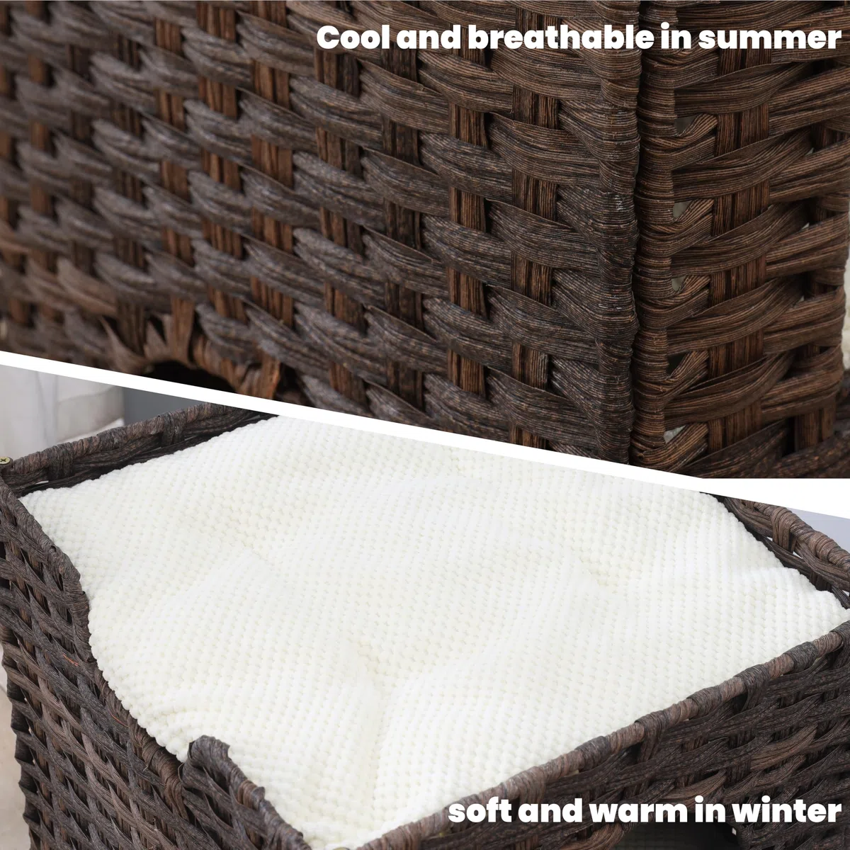 Katzenbett für Indoor-Katzen, ein stilvolles Katzenversteck & Katzenhaus - Handgewebtes Rattan-Katzenhöhlenbett mit weichem Kissen, faltbare Katzenwürfel für Indoor-Katzen, stabile Katzen-Sitzstange