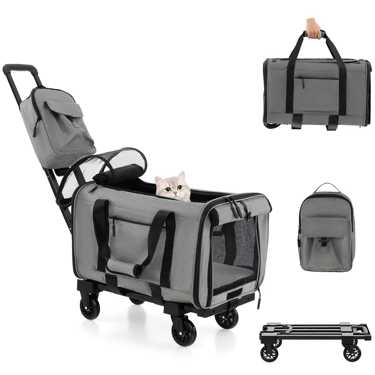 GYMAX Katzen Transportbox, Hunde Tragetasche mit Katzenrucksack & Teleskopgriff, Transporttasche mit Rädern & stabile Plattform, Haustier-Reiseträger für kleine & mittelgroße Haustiere, Grau