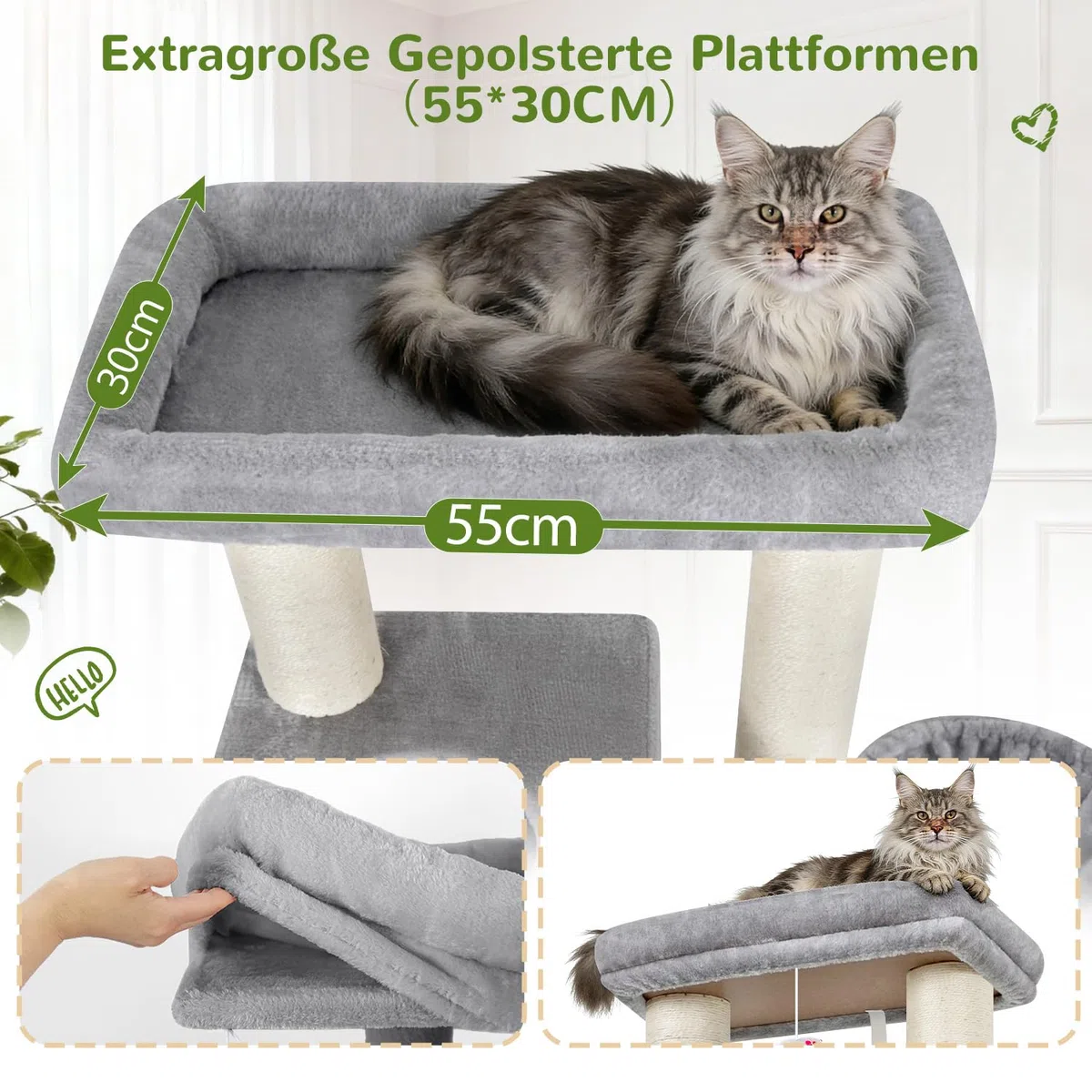 Globlazer Kratzbaum Dicke Stämme 11CM für Große Katzen mit 2 Extragroß Katzenhaus 50*35*30cm, Ausreichend Kratzflächen, Plattform Liegebereich, 170CM Kratzbaum Grosse Katzen Stabil (S67, Hellgrau)