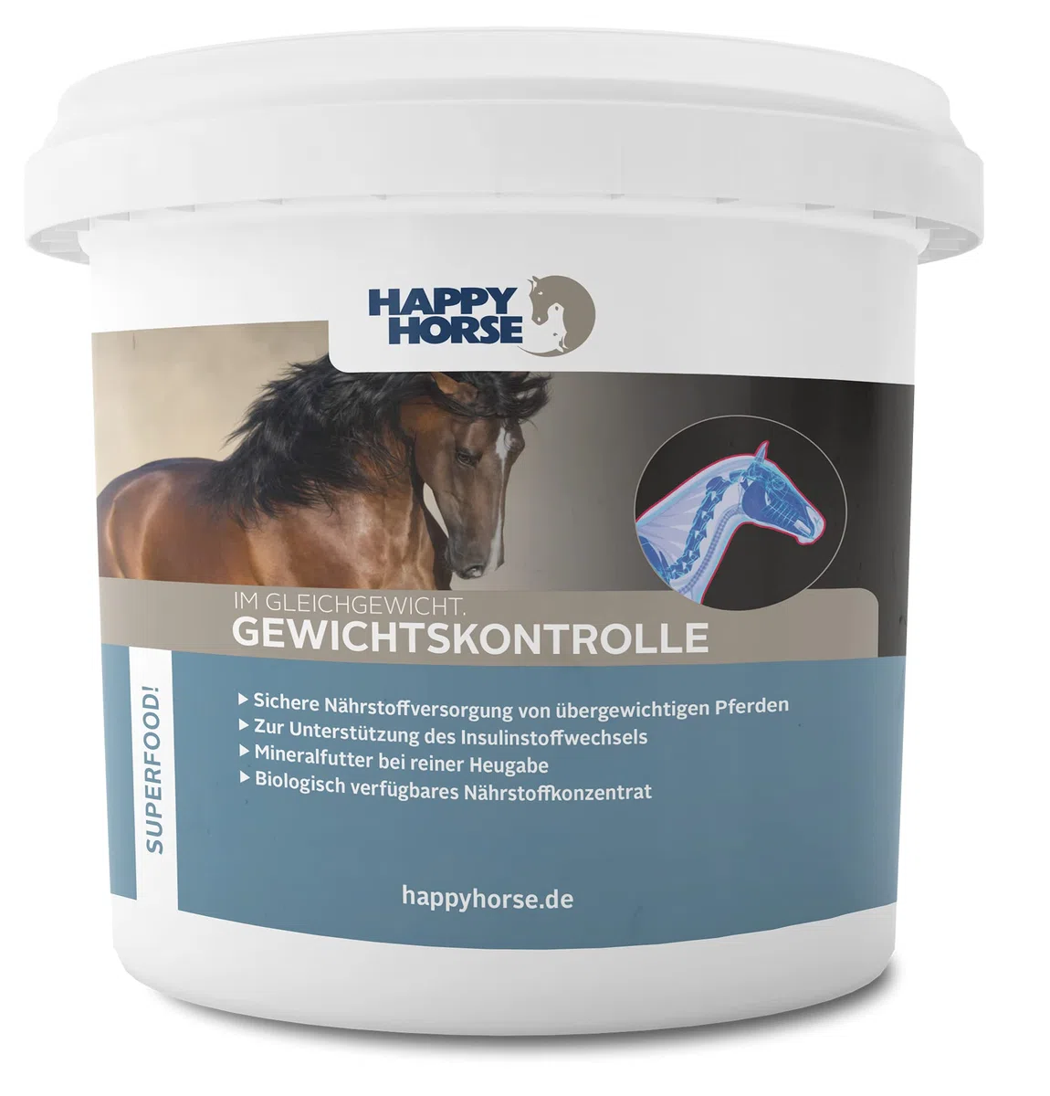 HAPPY HORSE Gewichtskontrolle – Schlank & Fit | 5 kg Ergänzungsfuttermittel für Pferde mit stoffwechselbedingtem Nährstoffbedarf | Stärkearm & ohne Getreide | Mit Mikronährstoffen, Bierhefe & Kräutern