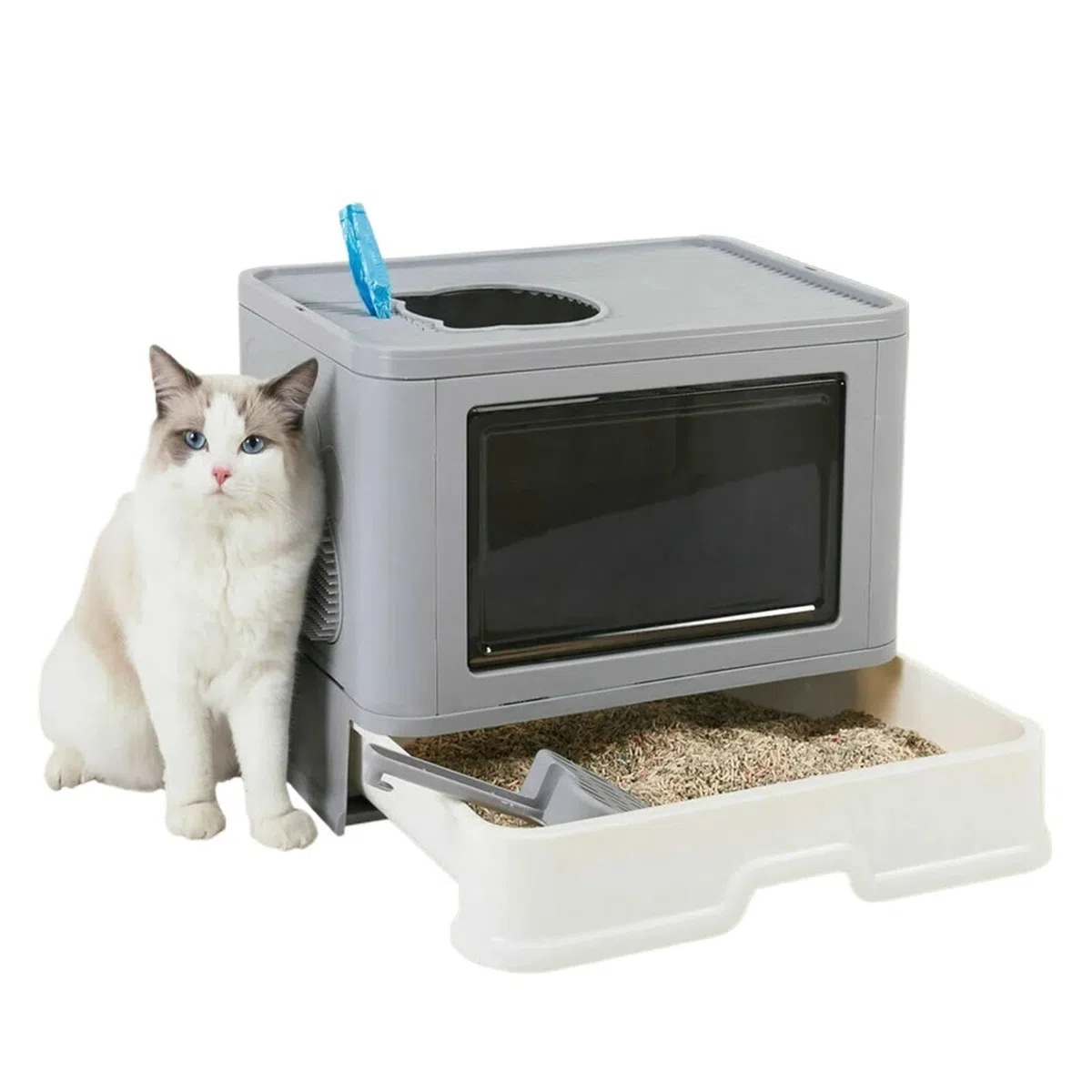 für mehrere Katzen, Geruchskontrolle Große Katzentoilette mit Haube, Schubladentyp, Haustier-/Katzentoilette, Einstieg von oben, geschlossenes Töpfchen mit Spritzschutz und Schaufel for die Fellpflege