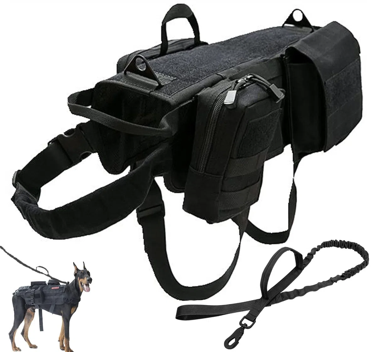 Taktisches Hundegeschirr Set mit Leine, verstellbare Weste im Militär-Stil, inklusive Aufbewahrungstaschen und Taschen für Outdoor-Training und Arbeiten