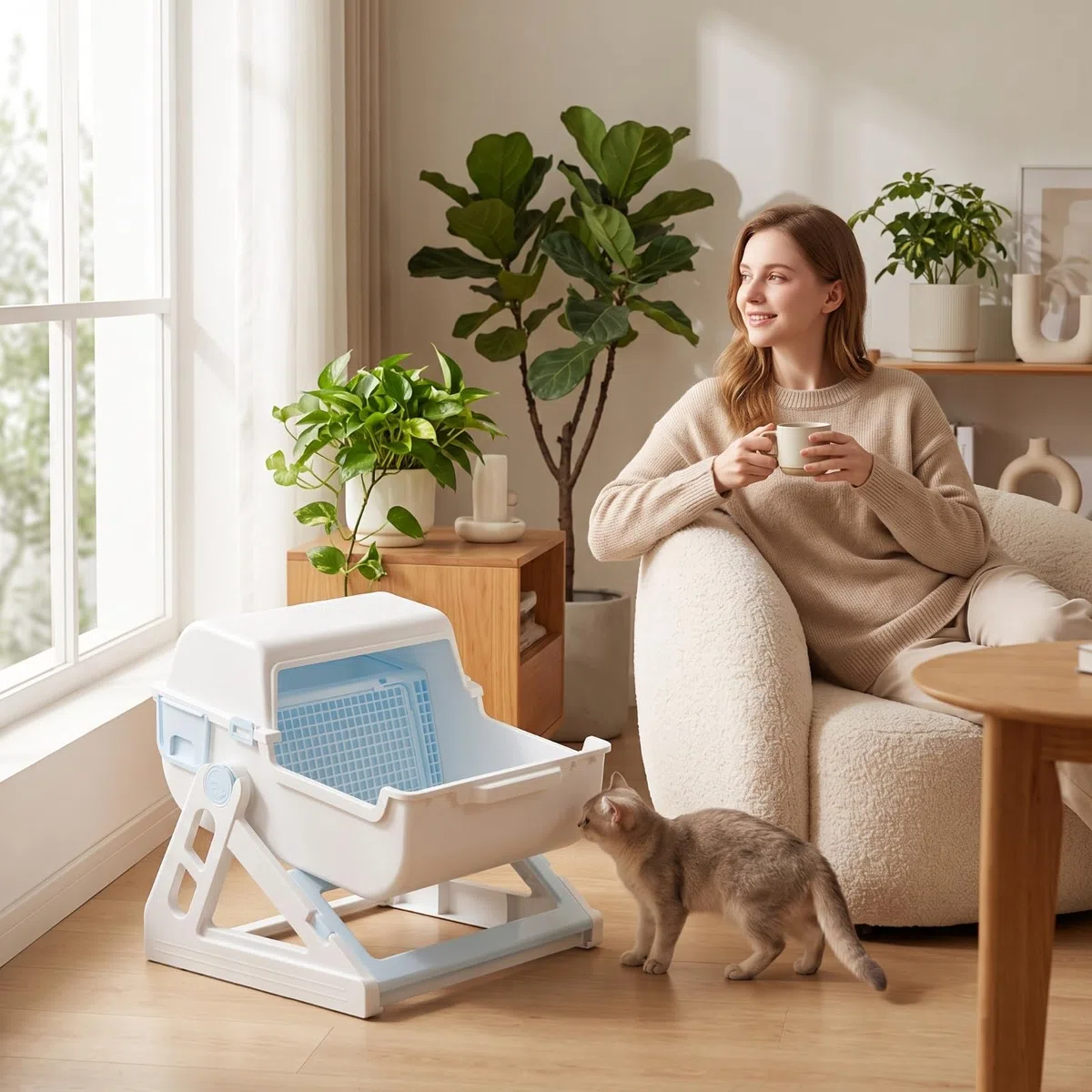 Katzentoilette mit Haube Halbautomatisch Katzenklo mit Sieb Selbstreinigend Katzentoilette Deckel für Katzenbesitzer, Wohnung, Zuhause, Weißblau