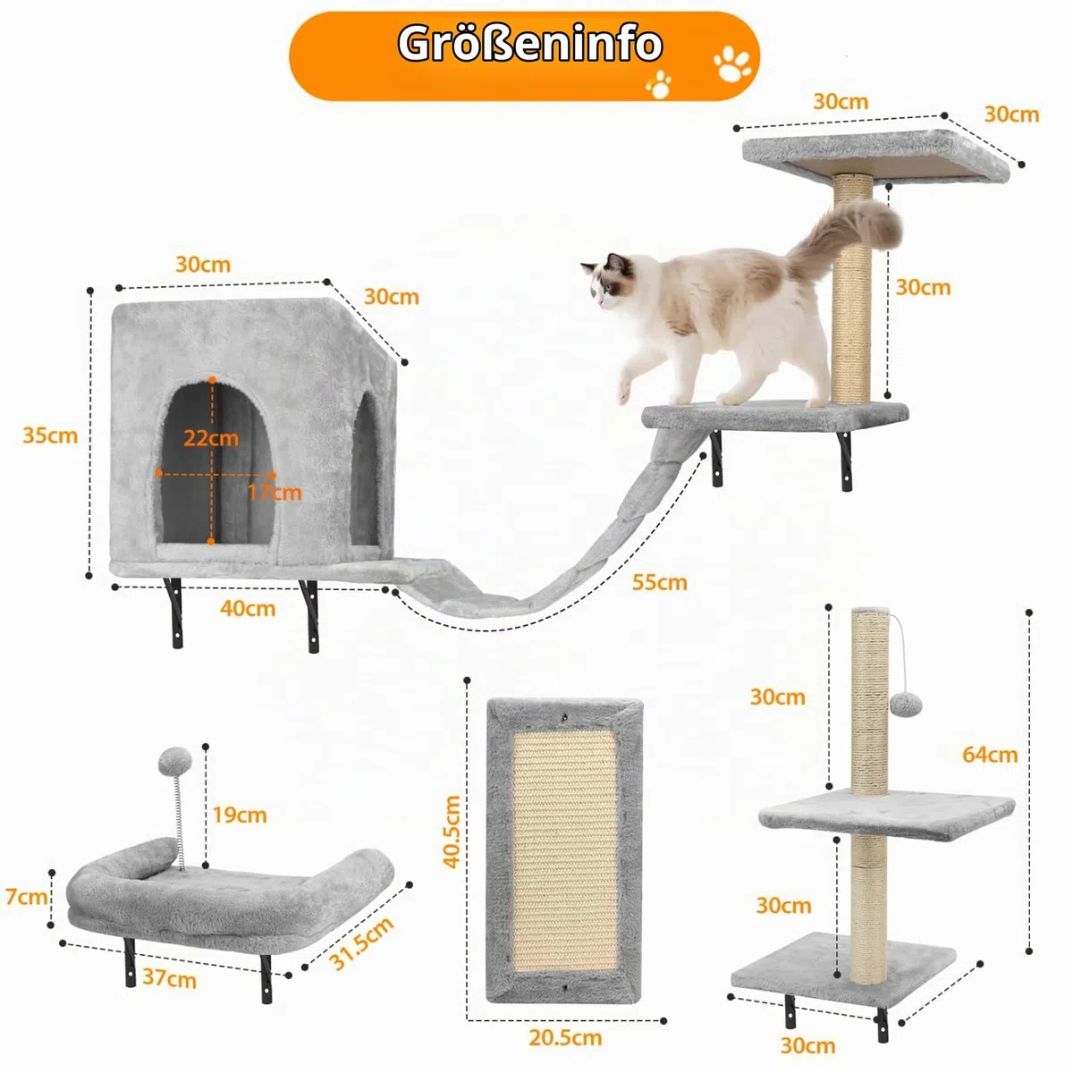 Nobleza Kletterwand Katzen 6 Set, 2 Katzenhäuser mit stabilen Kratzsäulen, Hängebrücke & festem Kratzbrett - Stabiles Katzen wandelemente für Schlafen, Spielen, Lounging bis 10 kg