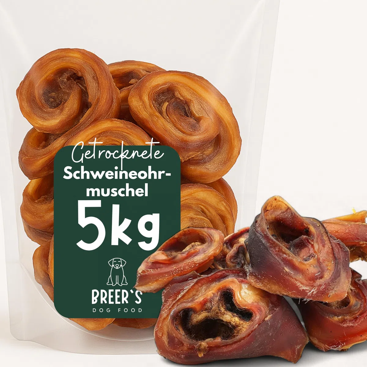 BREERs Getrocknete Schweineohrmuscheln für Hunde 5 Kg aus eigener Deutscher Herstellung, Kauartikel für Groß & Klein, Kauartikel aus Schwein, Hundeleckerli getreidefrei, Kausnack, Leckerli Hund