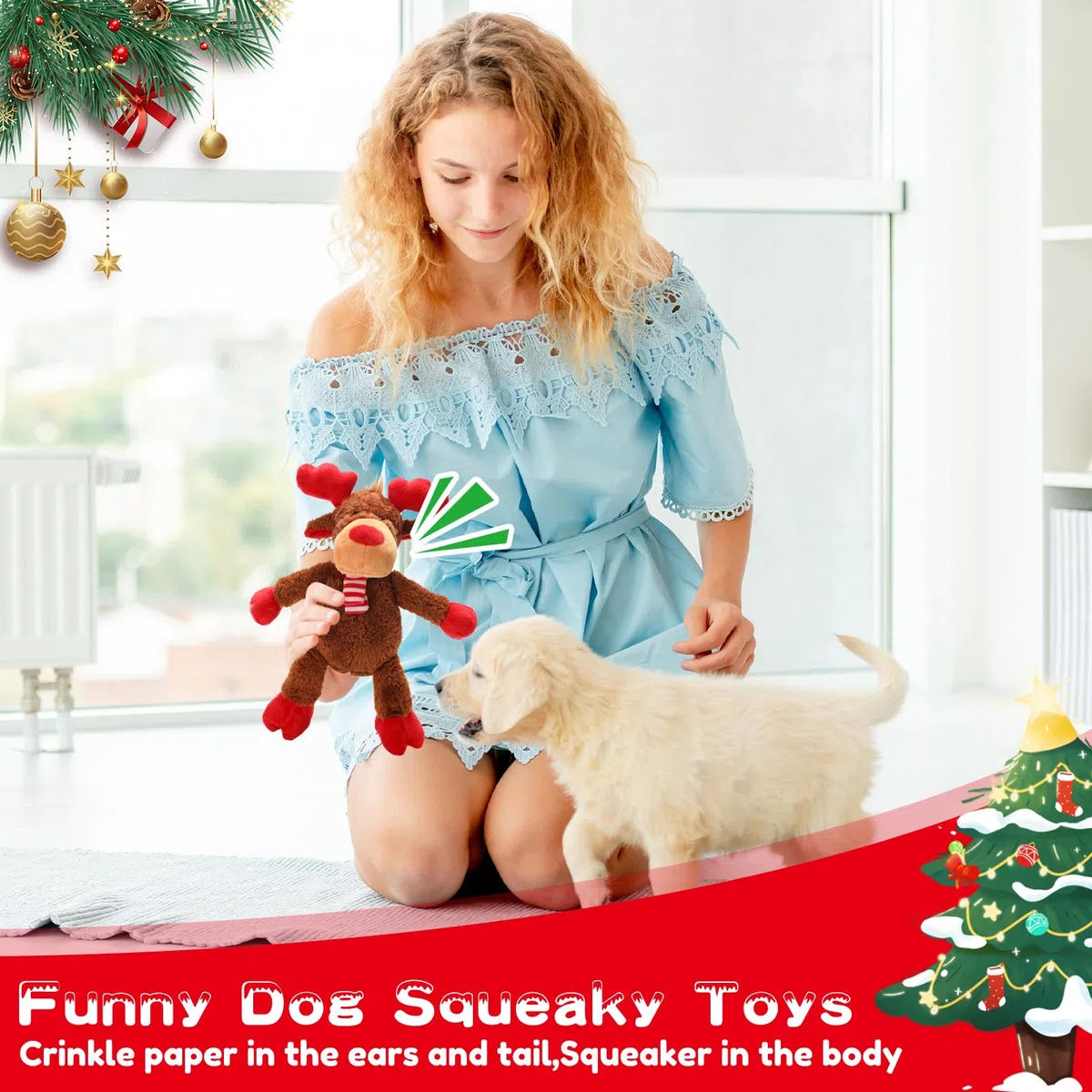 Weihnachts-Hundespielzeug, quietschendes Spielzeug mit Knisterpapier, Plüsch-Rentier, Hundespielzeug, interaktives gefülltes Kauspielzeug, Hundegeschenke für Welpen, kleine, mittelgroße Hunde