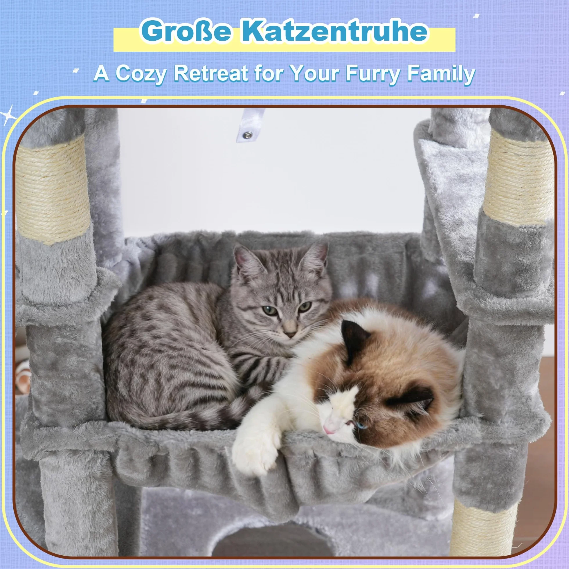Hey-brother 182 cm Stabil Kratzbaum, für ausgewachsene großeKatze, MPJ080W | mehrstöckiger Katzenbaum mit 2 Grosse liegefläche, 3 Hängematten, Höhle, 2-in-1-Sisalkratzbrett, Plüschbällen, Hellgrau