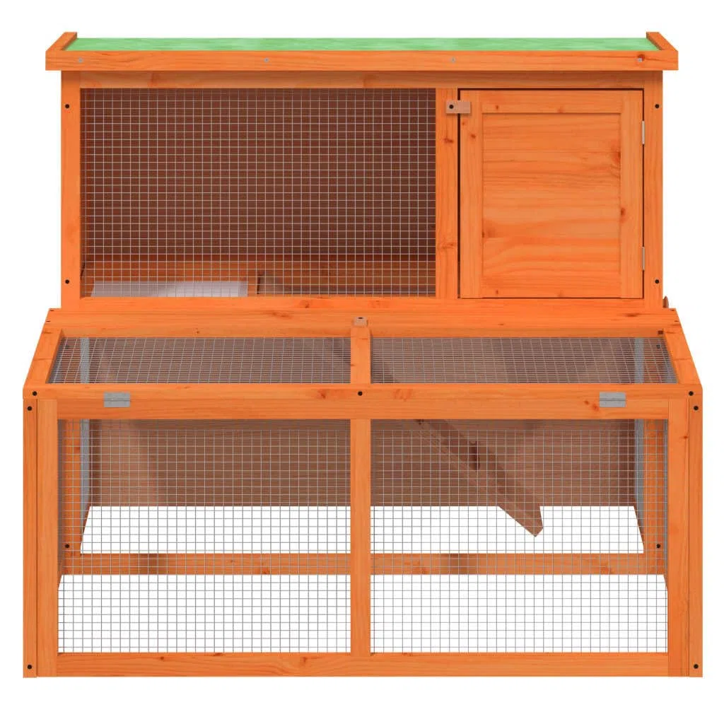 Kaninchenstall Braun aus massivem Kiefernholz 102 x 90 x 84,5 cm, Freilauf Gehege mit Rampe, Gitter, Auslauf, Dach und Wanne für Kaninchen, Meerschweinchen, draußen