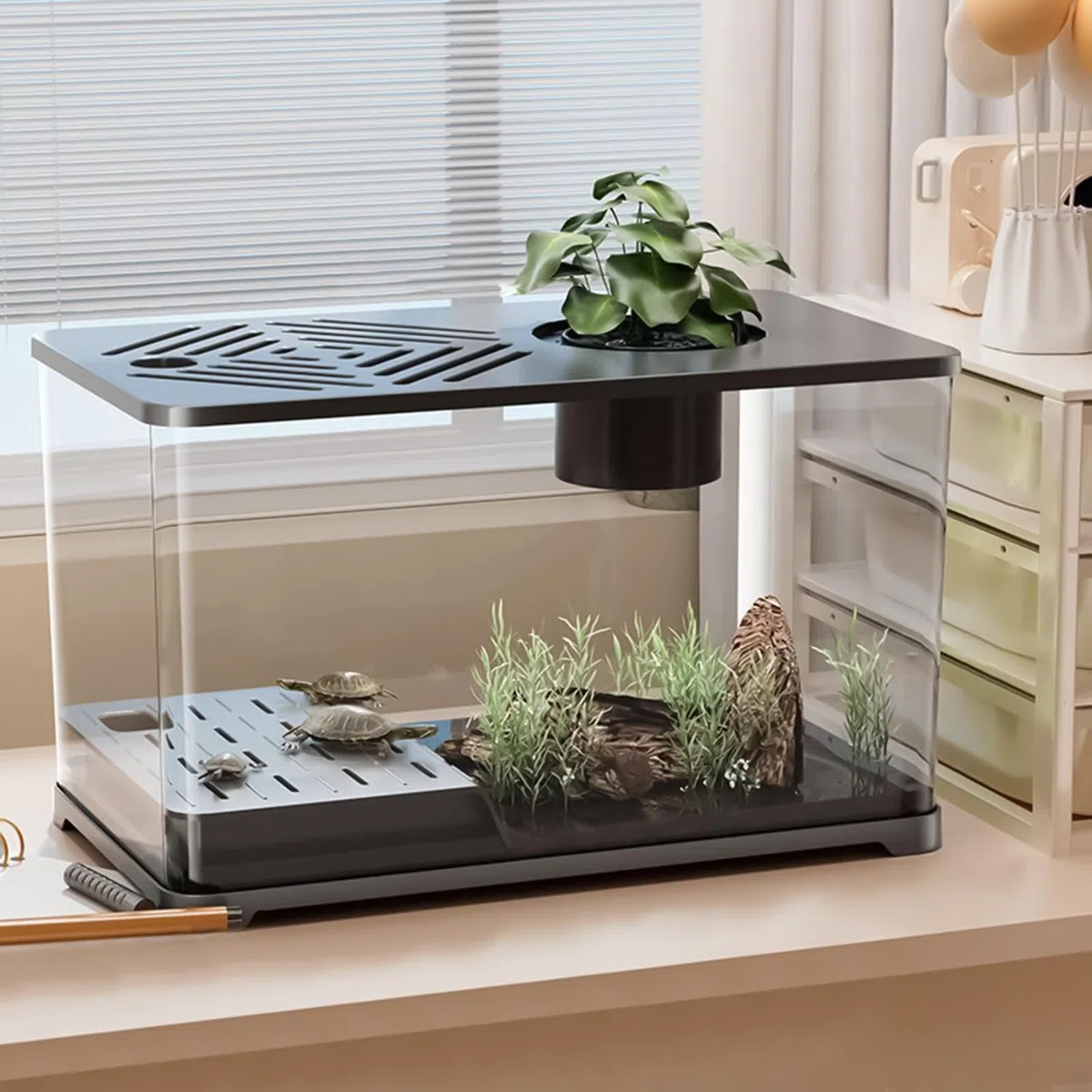 Fischbecken Großes Aquarium-Set Schreibtisch Fischbecken | Panorama Sichtbecken Mit Schildkröten Ruhebereich Für Guppy Garnelen Quallen Und Wasserpflanzen Als Schreibtisch Deko