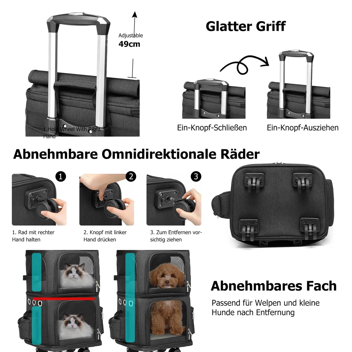 PETCUTE Großer Katzentransportbox für 2 Katzen bis 10kg, Katzenrucksack Hunderucksack mit Abnehmbare Rollen, Faltbar Transportboxen für kleine Hunde mit Innerem Sicherheitsgurt,perfekt für Reisen
