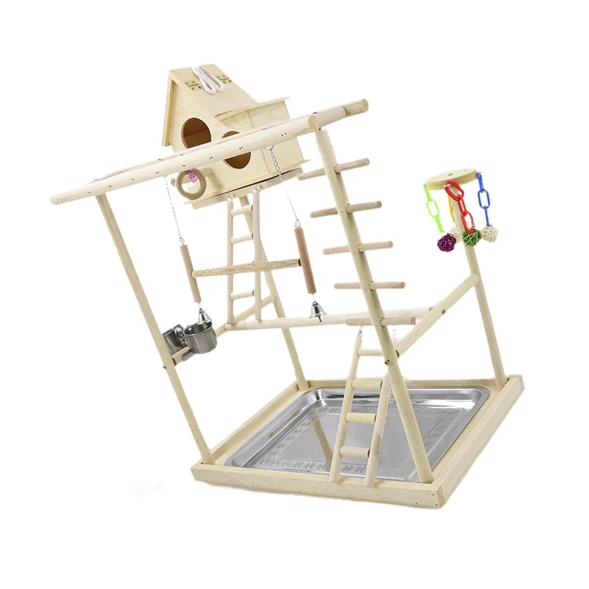 Interaktiver Vogelspielplatz mit DREI Ebenen, Sitzstangen und Leitern für optimale Bewegung Kleiner Vögel – ideal zum Klettern und Spielen.