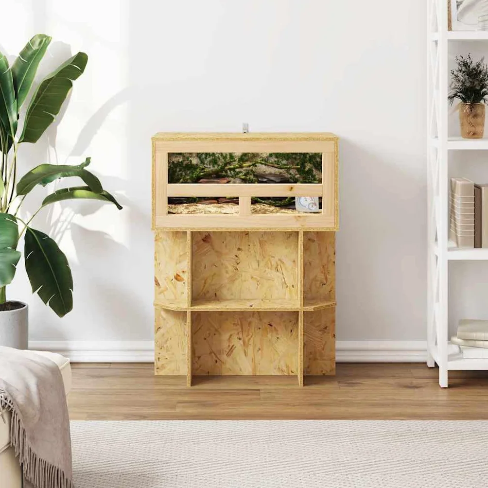 OSB Terrarium 60x30x80 cm Braun mit Holzschiebetür, Reptilien Terrarium aus OSB und Glas für Amphibien, geräumiges mit eingebauten Holzregalen