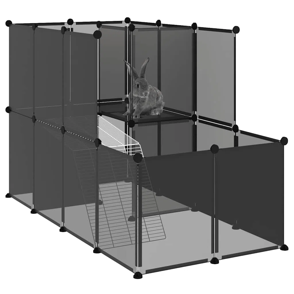 Kleintierkäfig Schwarz 142x74x93 cm aus PP und Stahl mit 24 Paneelen, rutschfesten Matten, Holzhammer, faltbar für Kaninchen, Meerschweinchen, Hamster, Nager, Indoor und Outdoor Nutzung