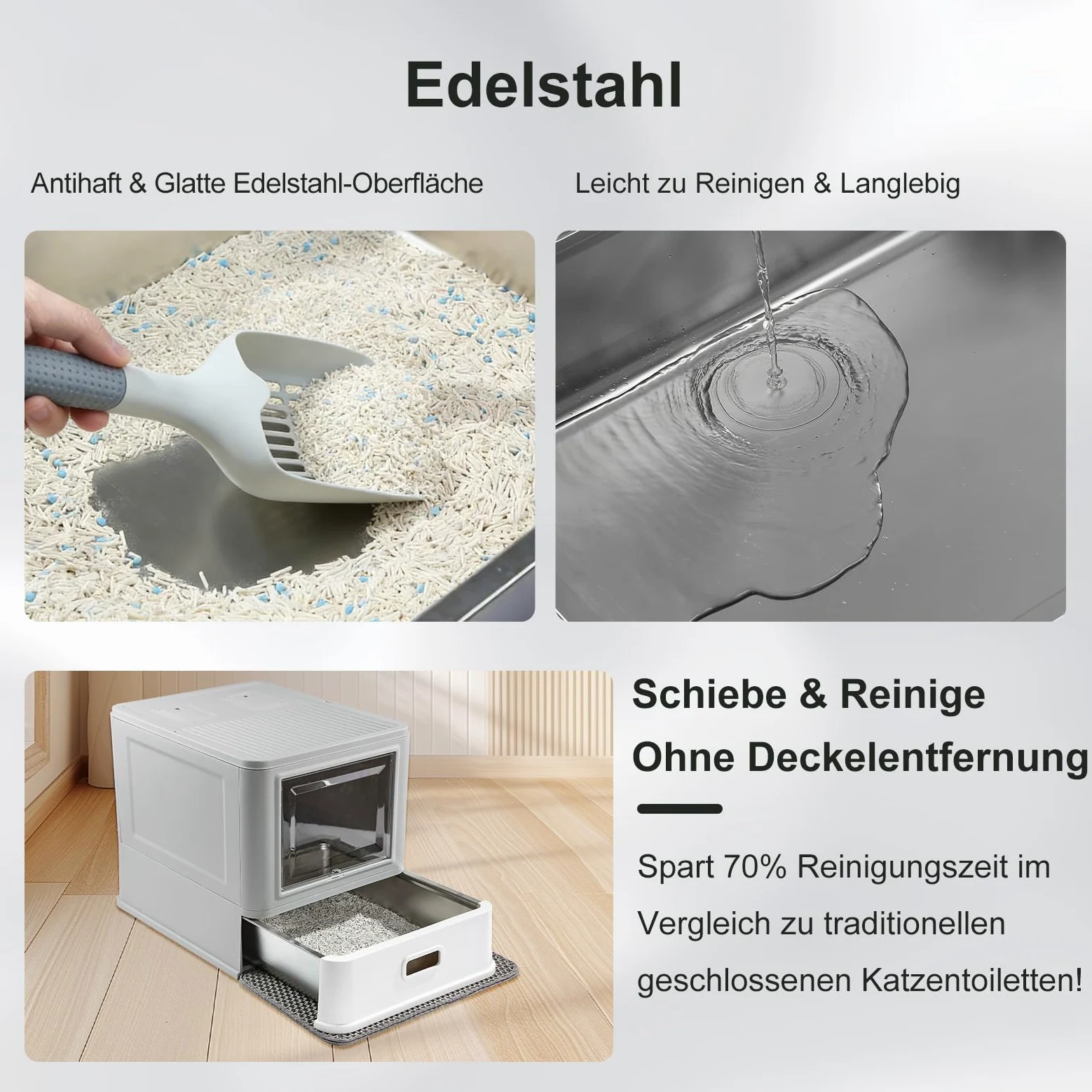 Marchul XL Katzentoilette, Geschlossene Katzentoilette aus Edelstahl mit Deckel und Schubladen-Design, Hohe Seitenwände mit Spritzschutz, Tiefere Schale mit Schaufel und Matte, Eruchsneutral