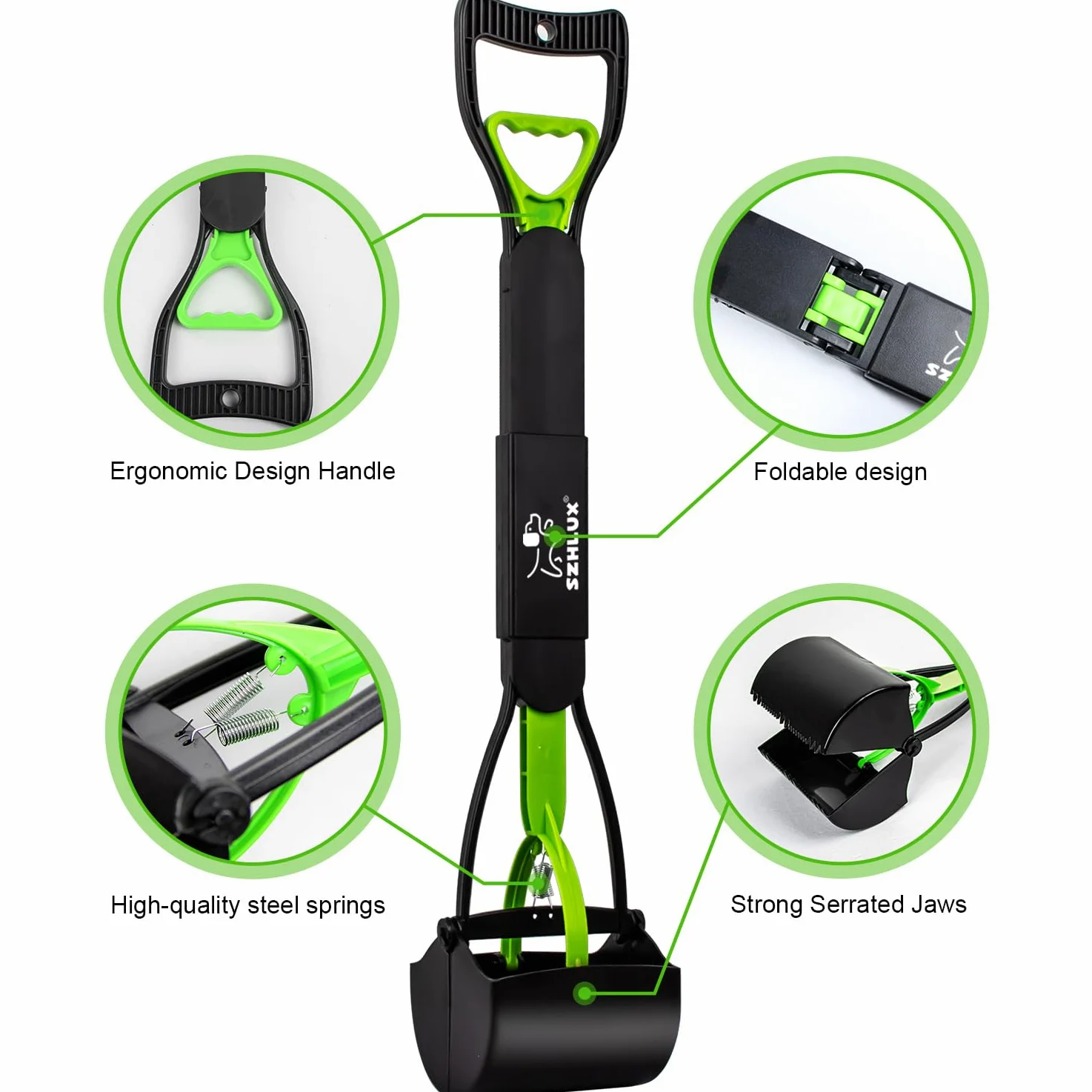 SZHLUX 71,1 cm Pooper Scooper, Faltbare Hundekotschaufel mit unzerbrechlichem Material und langlebiger Feder für Gras und Kies, Grün