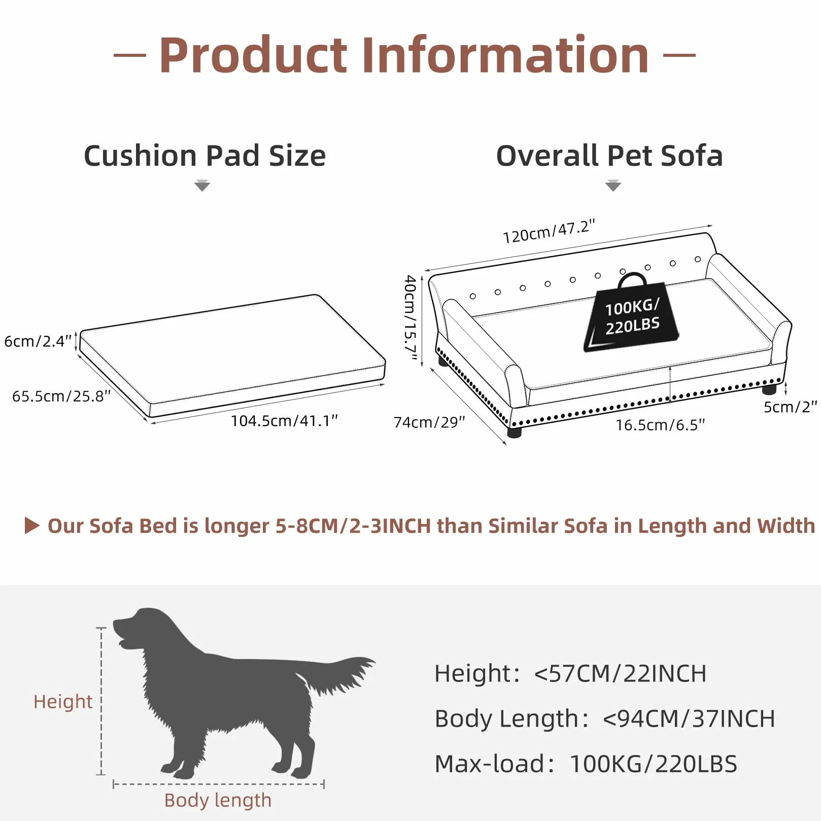 BingoPaw Hundesofa XXL für Große Hunde: Luxus Hundecouch aus atmungsaktivem wasserdichtem Leder - Mordern Haustiersofa mit Rückenlehne orthopädisches Hundekissen und Holzbeinen - Braun 120x74x40cm