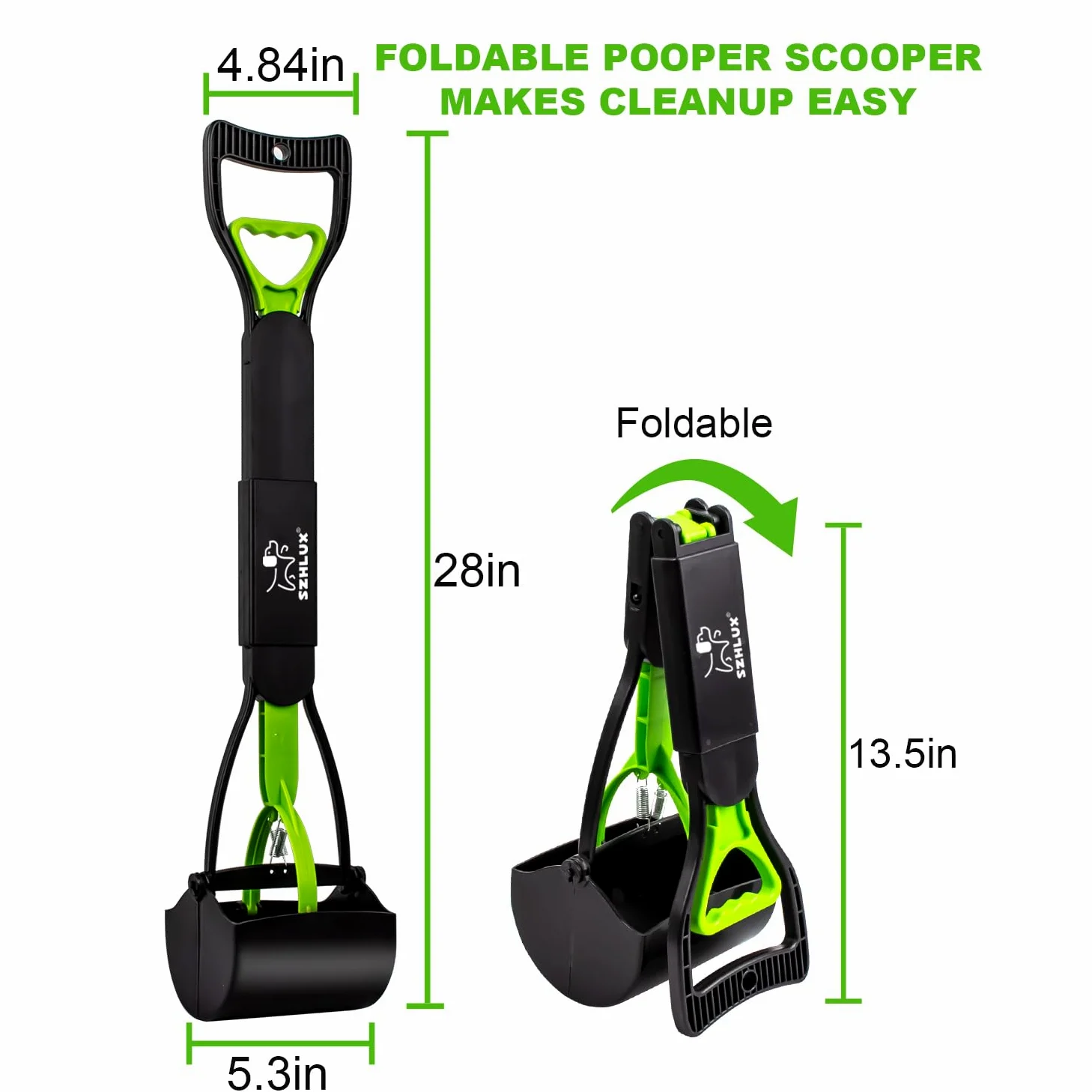 SZHLUX 71,1 cm Pooper Scooper, Faltbare Hundekotschaufel mit unzerbrechlichem Material und langlebiger Feder für Gras und Kies, Grün