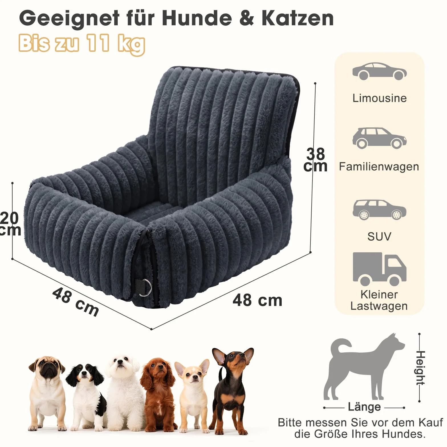 MIXJOY Hunde Autositz für kleine bis mittlere Hunde, Waschbarer Ansteckbare Leine verdickter Memory-Schaum-Füllung, Hundebett Auto für Rückbank Vordersitz, Grau