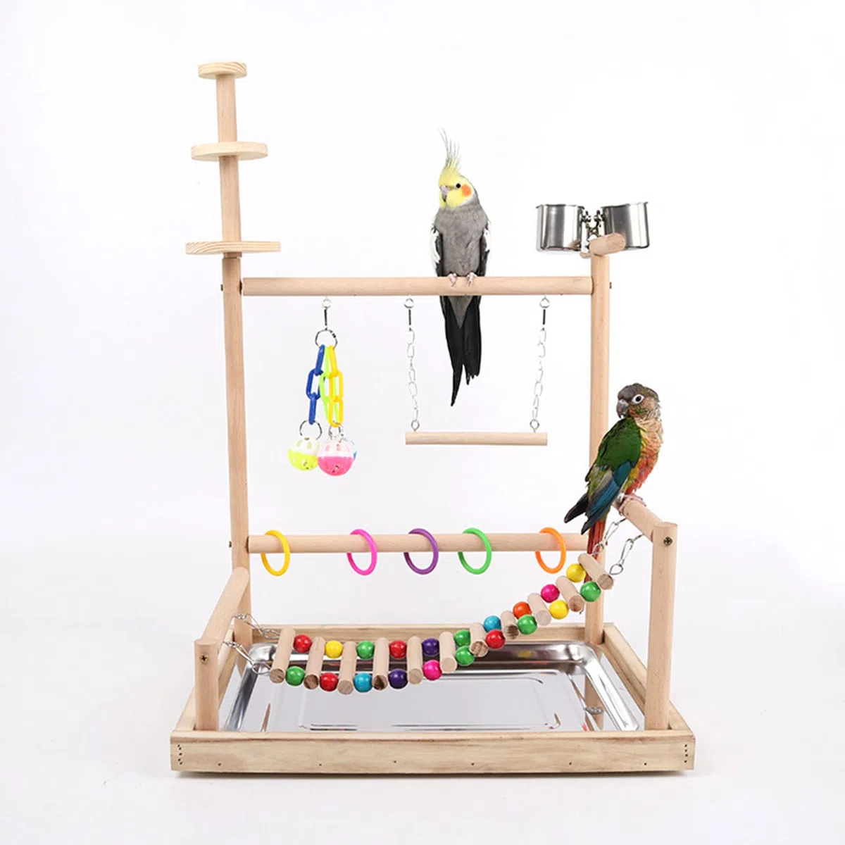 Vogel Sitzstangenständer Papageien Spielständer Mit Edelstahl Tablett Futternäpfe Leiterschaukel Kunststoff Kauspielzeug Für Vögel Vogelspielplatz Naturholz Sitzstangenständer Mit Schüsseln
