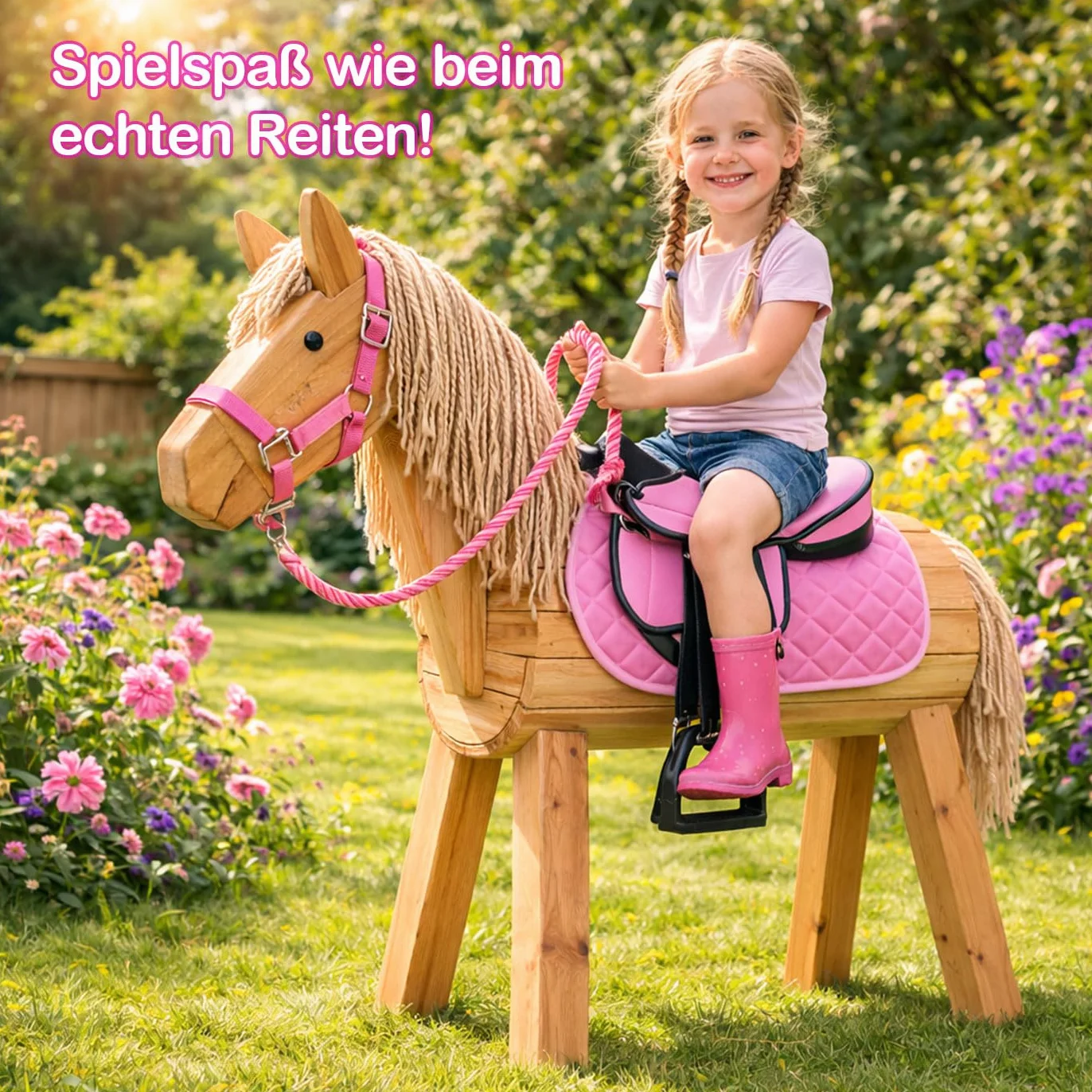 Brama West Holzpferd Sattel Set „My Happy Pony“ | Sattel für Shetty Pony Holzpferd Plüschpferd | mit Satteldecke, Sattelgurt, Steigbügel & Steigbügelriemen - Rosa