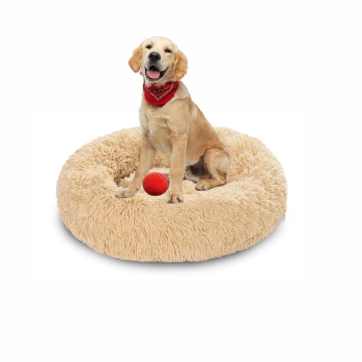 Plüsch-Donut-Kuschel-Hundebett, rund, waschbar, Anti-Angstzustände, flauschiges Haustierkissen, rutschfest, mittelgroß, weich, warm (150 x 150 x 20 cm, Beige)