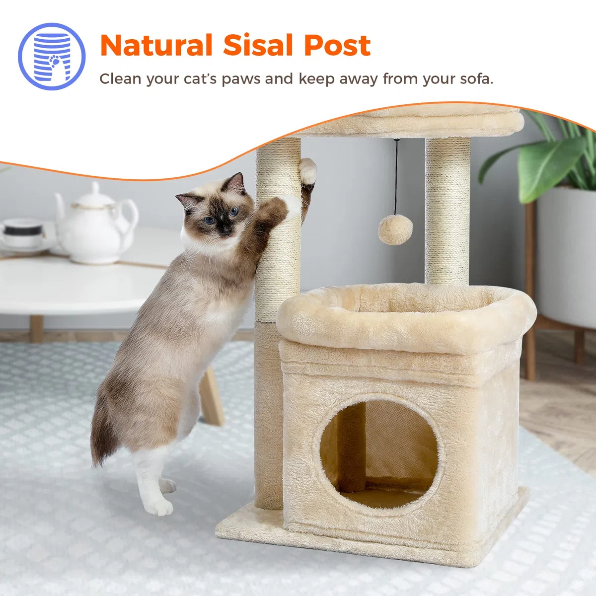 PEQULTI Indoor Kratzbaum Turm kleine Katzen, Sisalpfosten & gemütliche Höhle, Beige | Private weiche Katzenhütte Soft Top Sitzstange Natursisal Kratzstämme Plüsch Pom Pom Spielzeug für Indoor Kätzchen