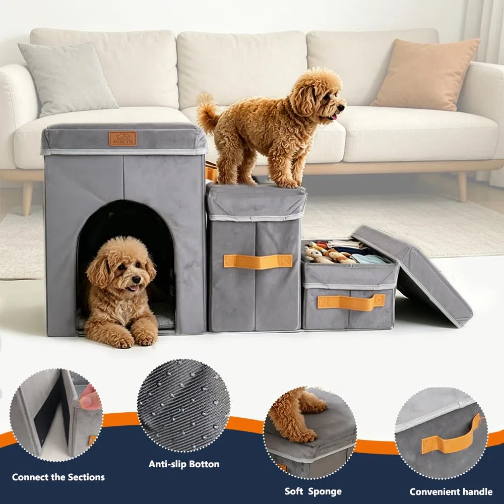 43,2 cm H Hundetreppe für hohe Betten bis zu 63,5 cm Höhe – Haustierstufen für kleine, mittelgroße oder große Hunde, faltbare Katzentreppe mit Stauraum und Höhle, 3-stufige Haustiertreppe für