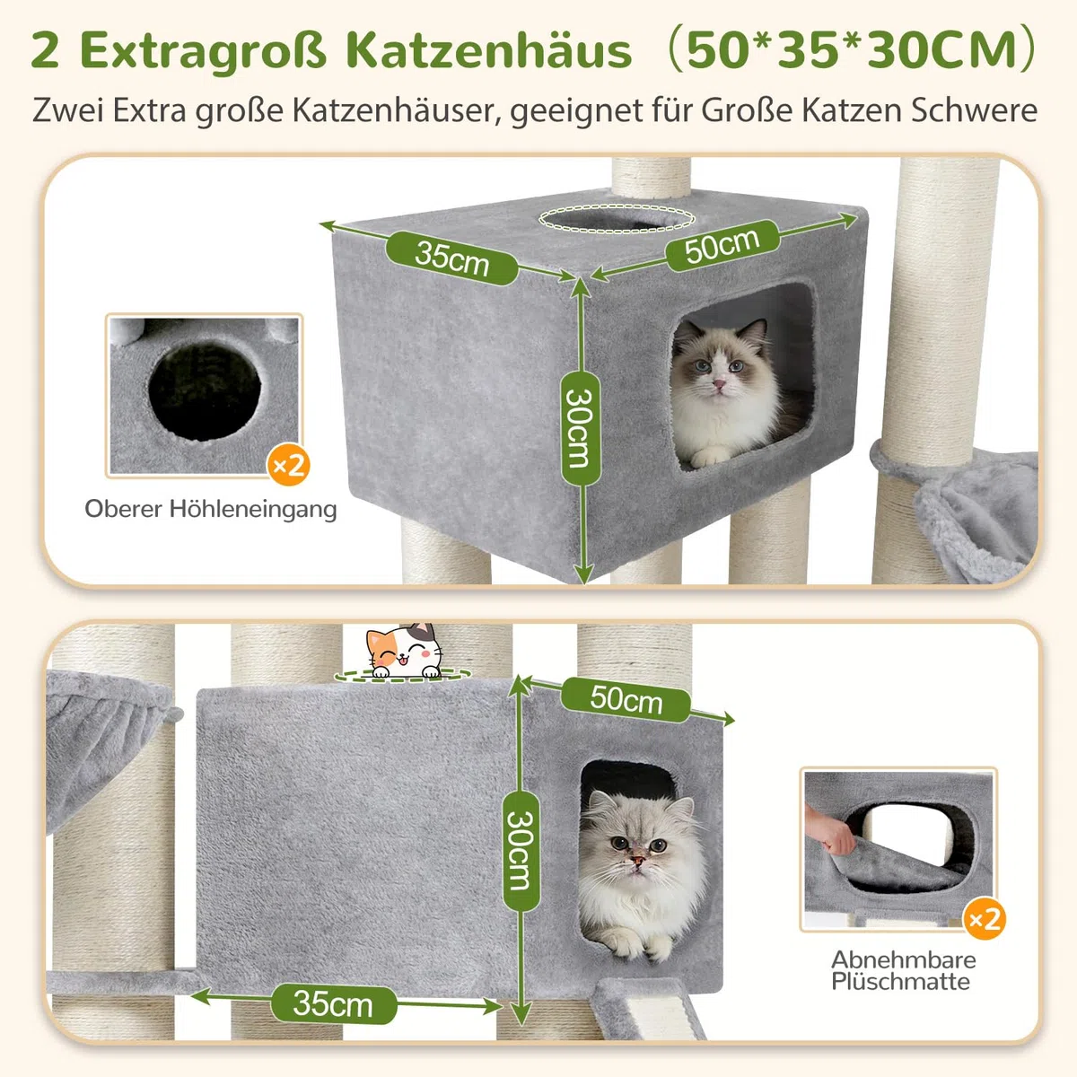 Globlazer Kratzbaum Dicke Stämme 11CM für Große Katzen mit 2 Extragroß Katzenhaus 50*35*30cm, Ausreichend Kratzflächen, Plattform Liegebereich, 170CM Kratzbaum Grosse Katzen Stabil (S67, Hellgrau)